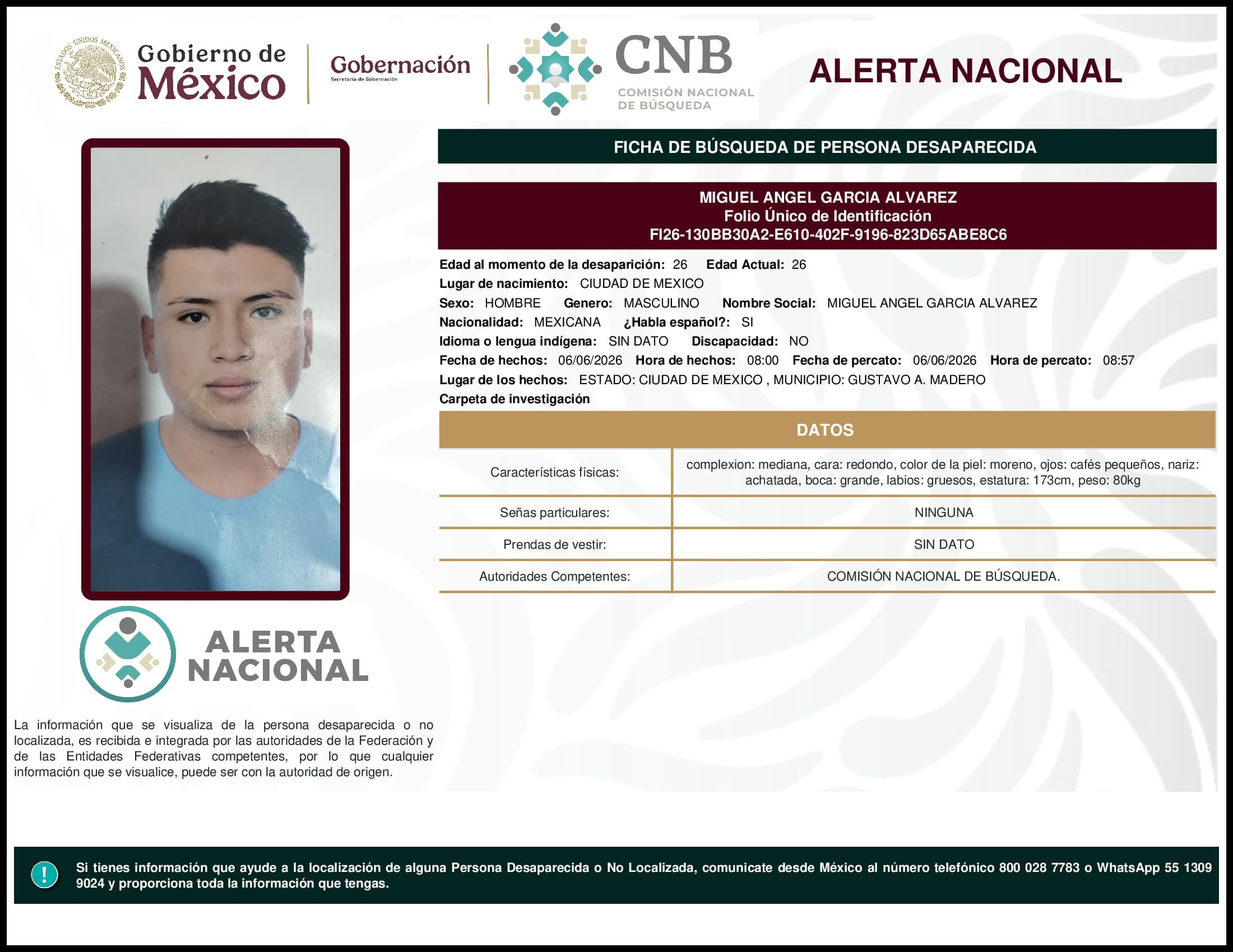Persona desaparecida Miguel Angel Garcia Alvarez