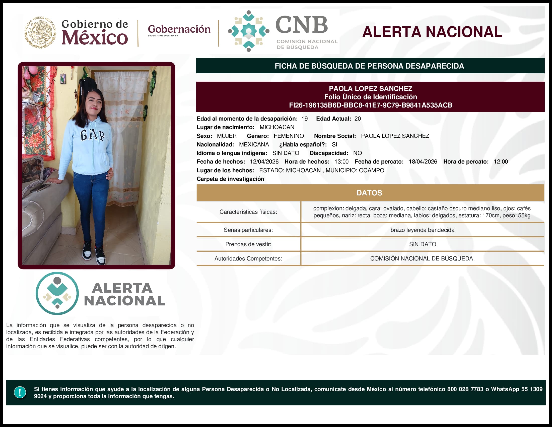 Persona desaparecida Paola Lopez Sanchez