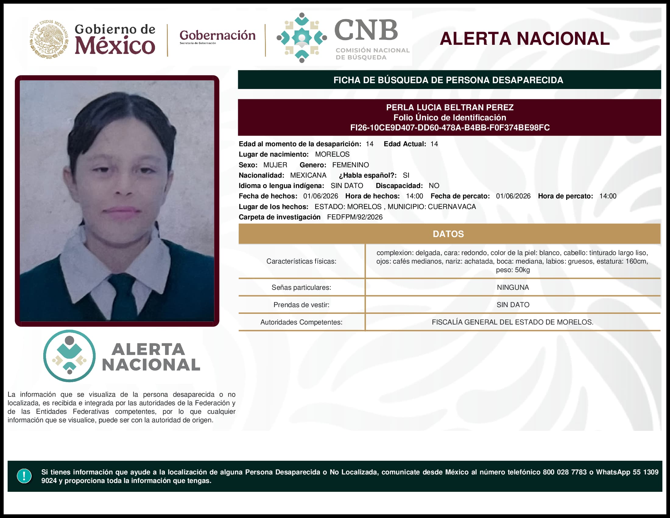 Persona desaparecida Perla Lucia Beltran Perez