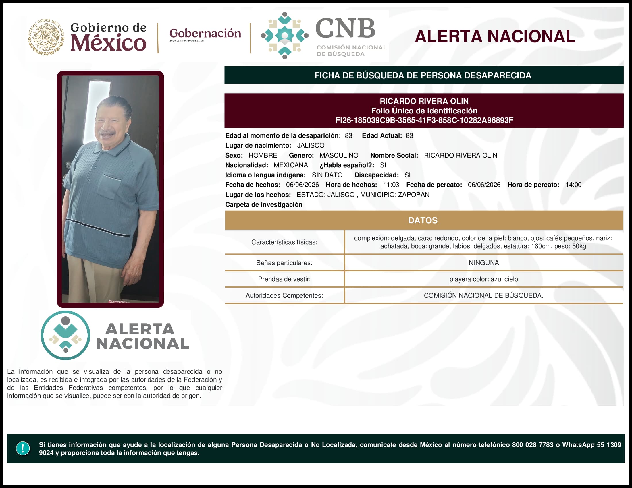 Persona desaparecida Ricardo Rivera Olin