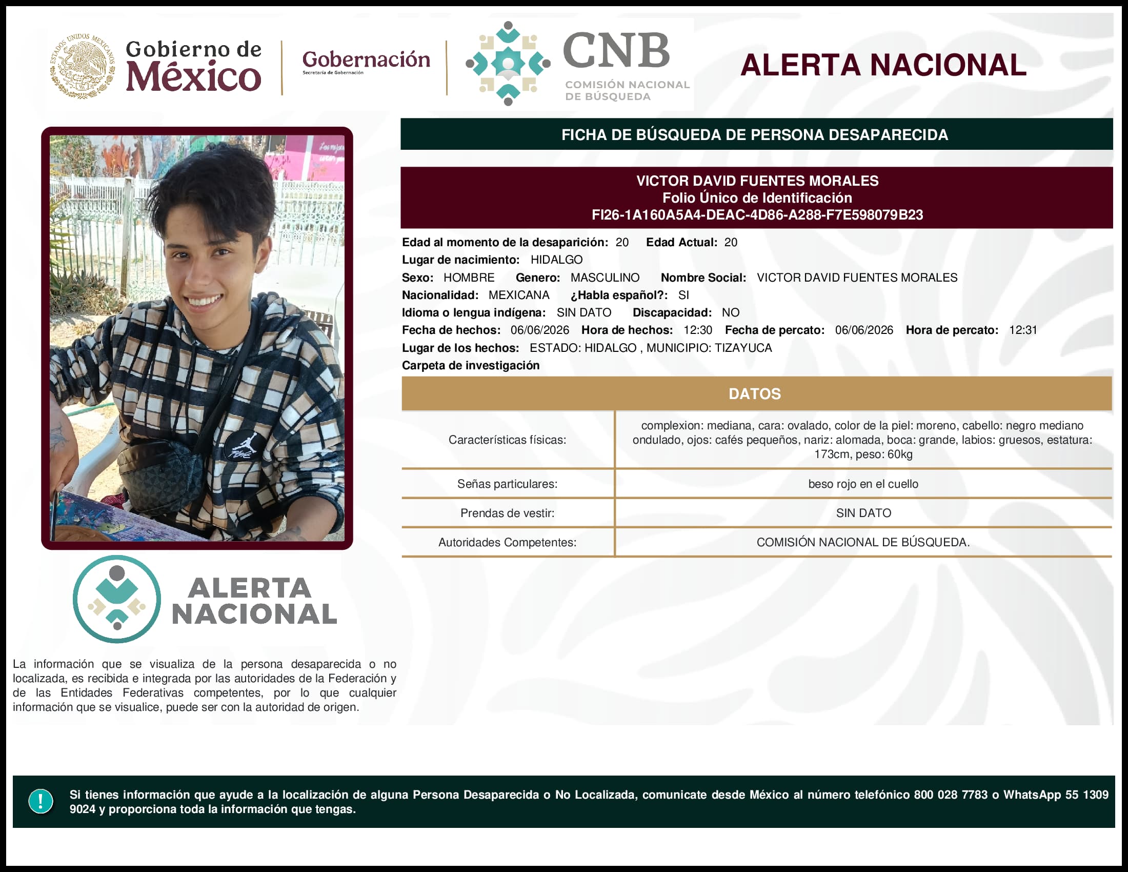 Persona desaparecida Victor David Fuentes Morales