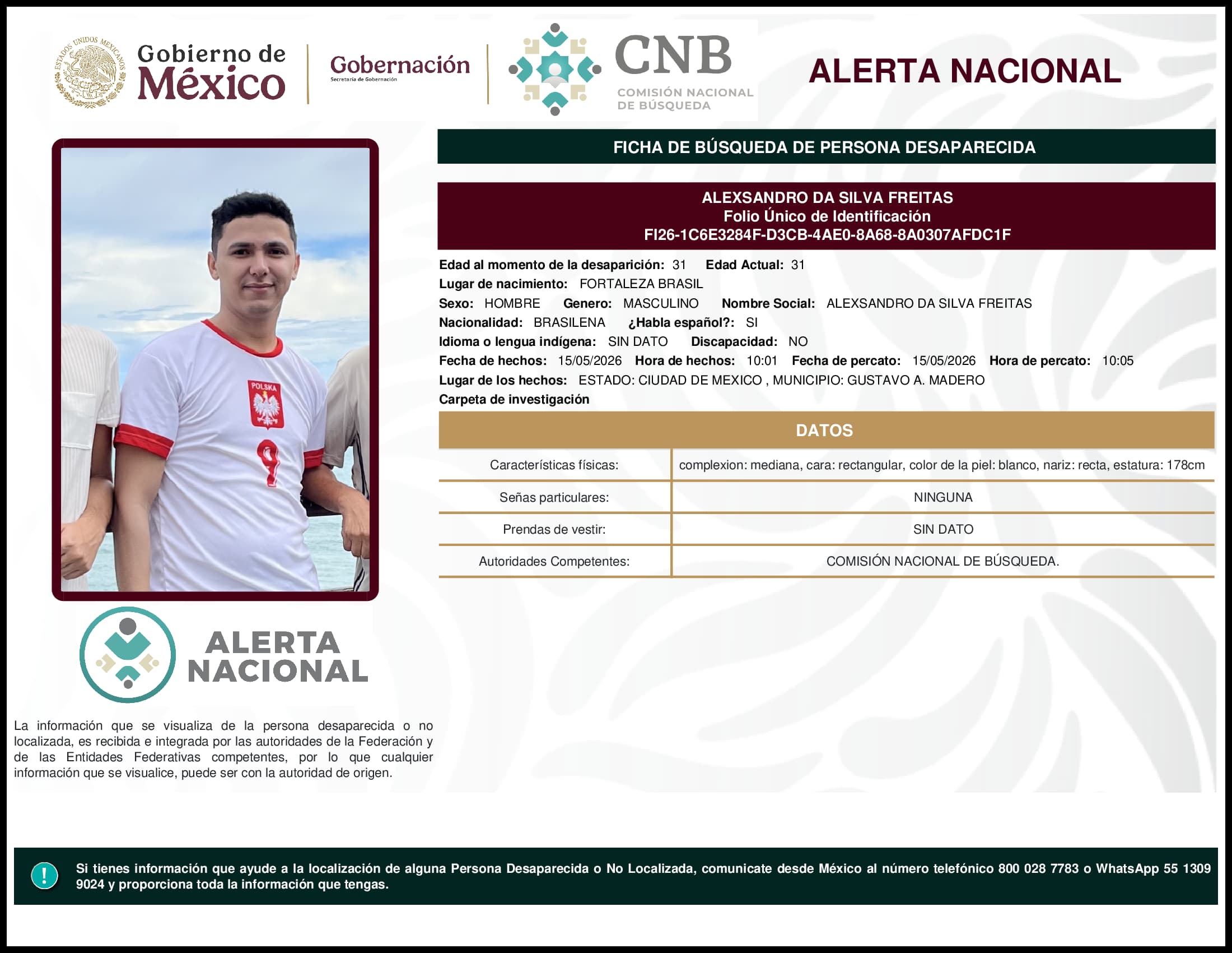 Persona desaparecida Alexsandro Da Silva Freitas