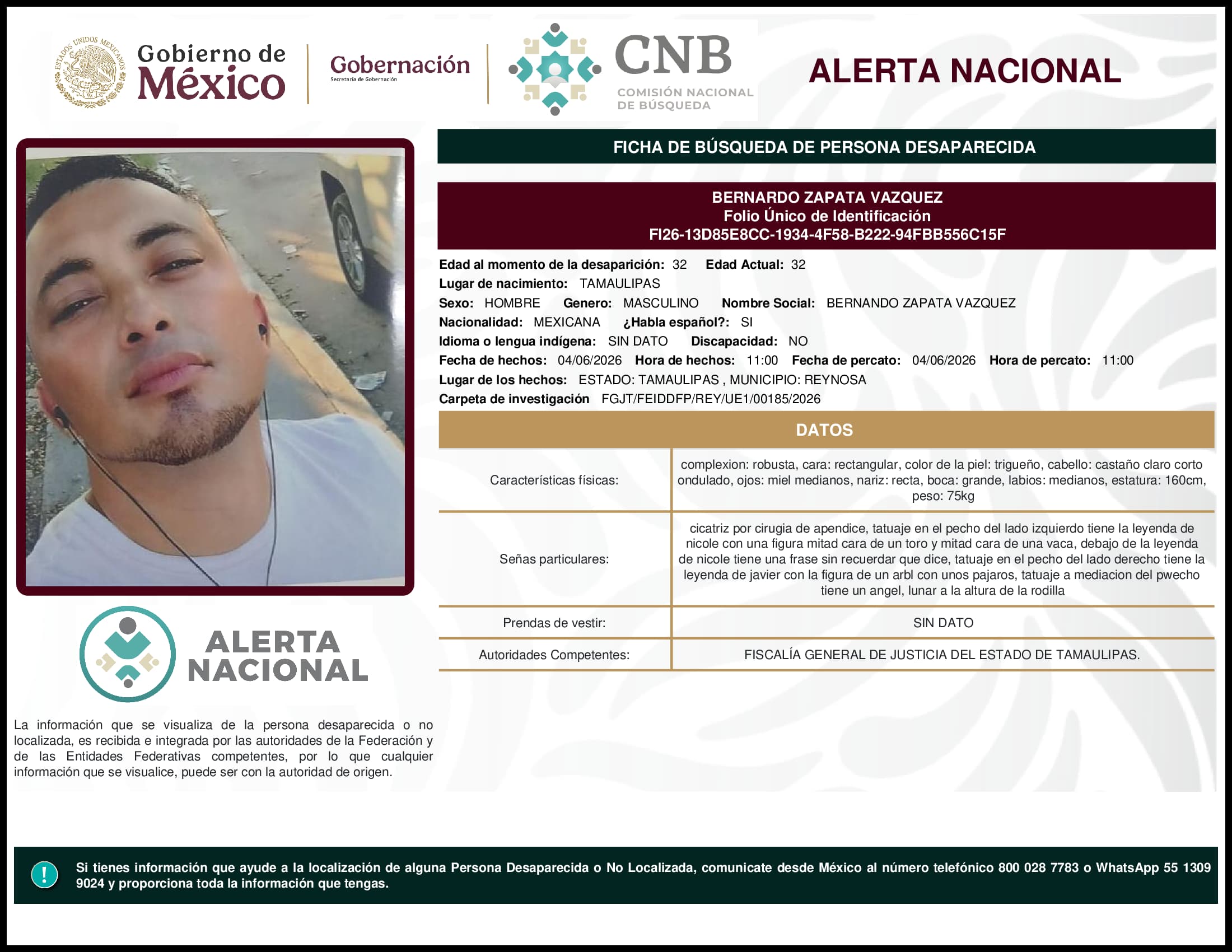 Persona desaparecida Bernardo Zapata Vazquez