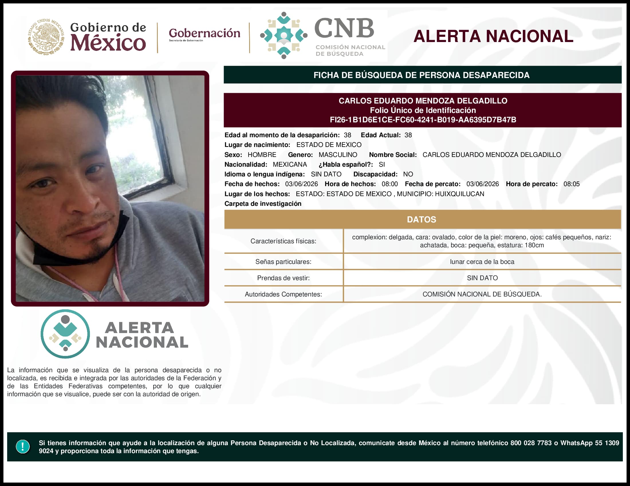 Persona desaparecida Carlos Eduardo Mendoza Delgadillo