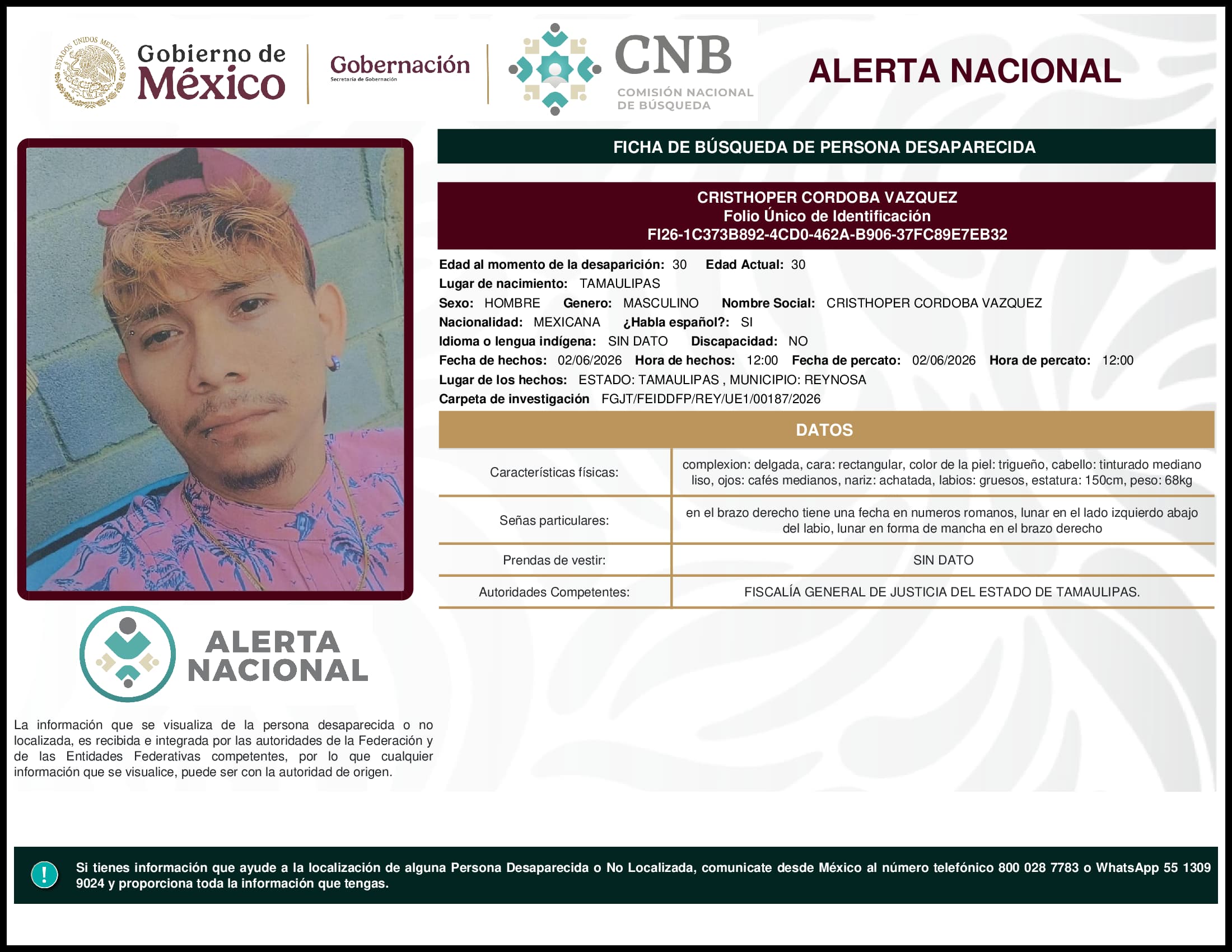 Persona desaparecida Cristhoper Cordoba Vazquez