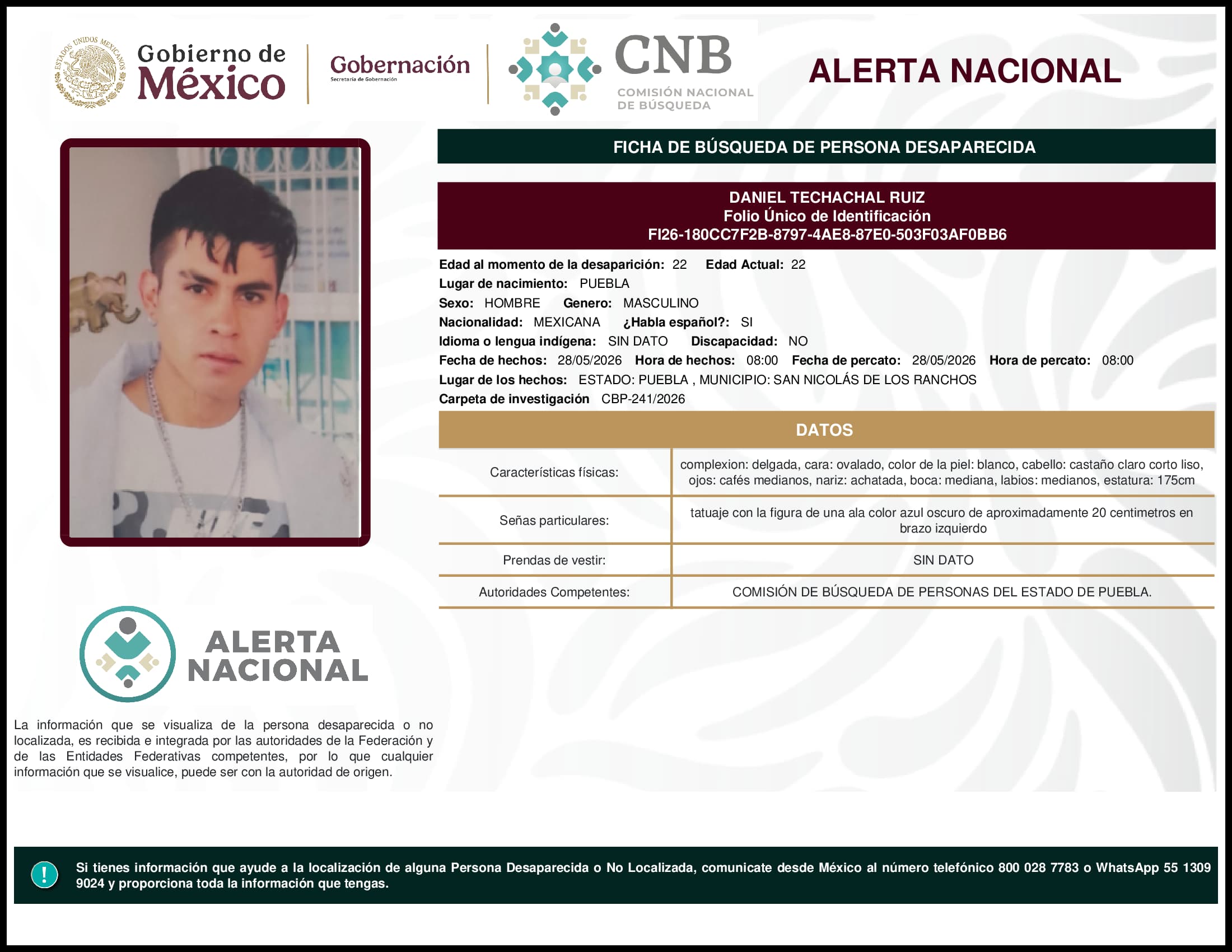 Persona desaparecida Daniel Techachal Ruiz