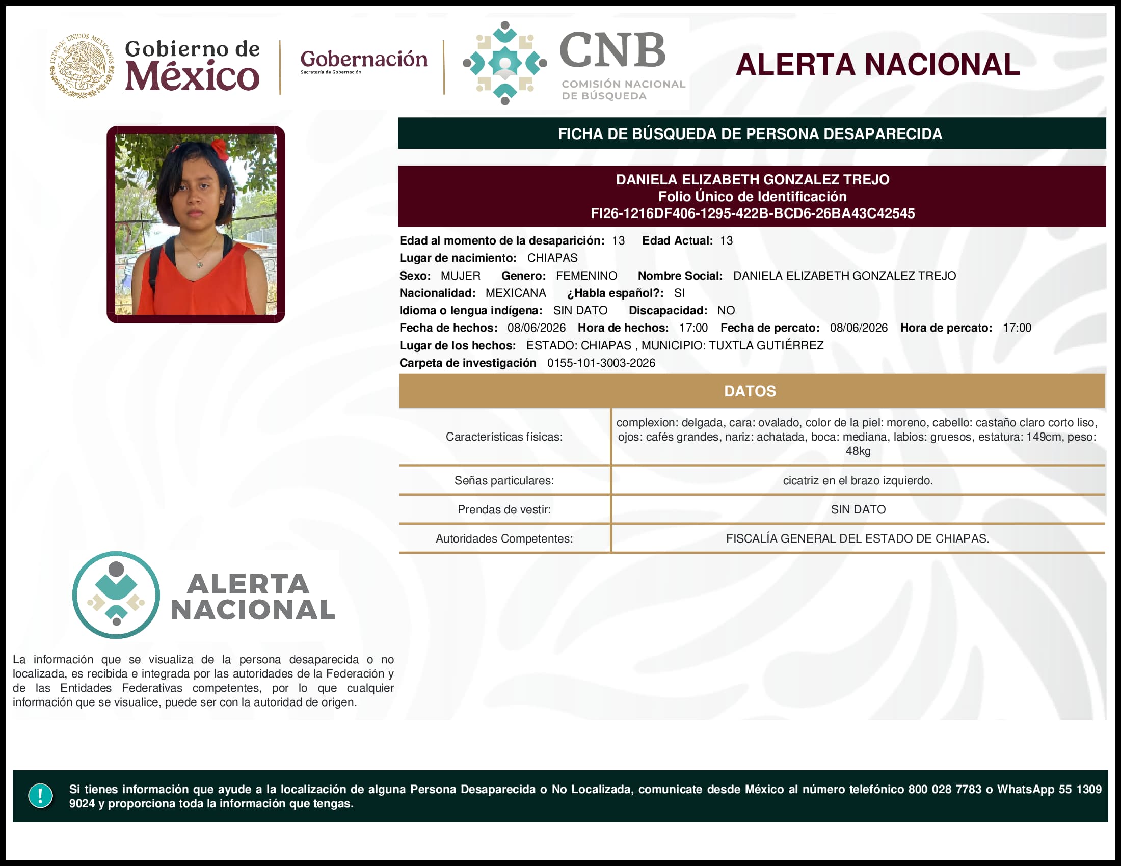 Persona desaparecida Daniela Elizabeth Gonzalez Trejo