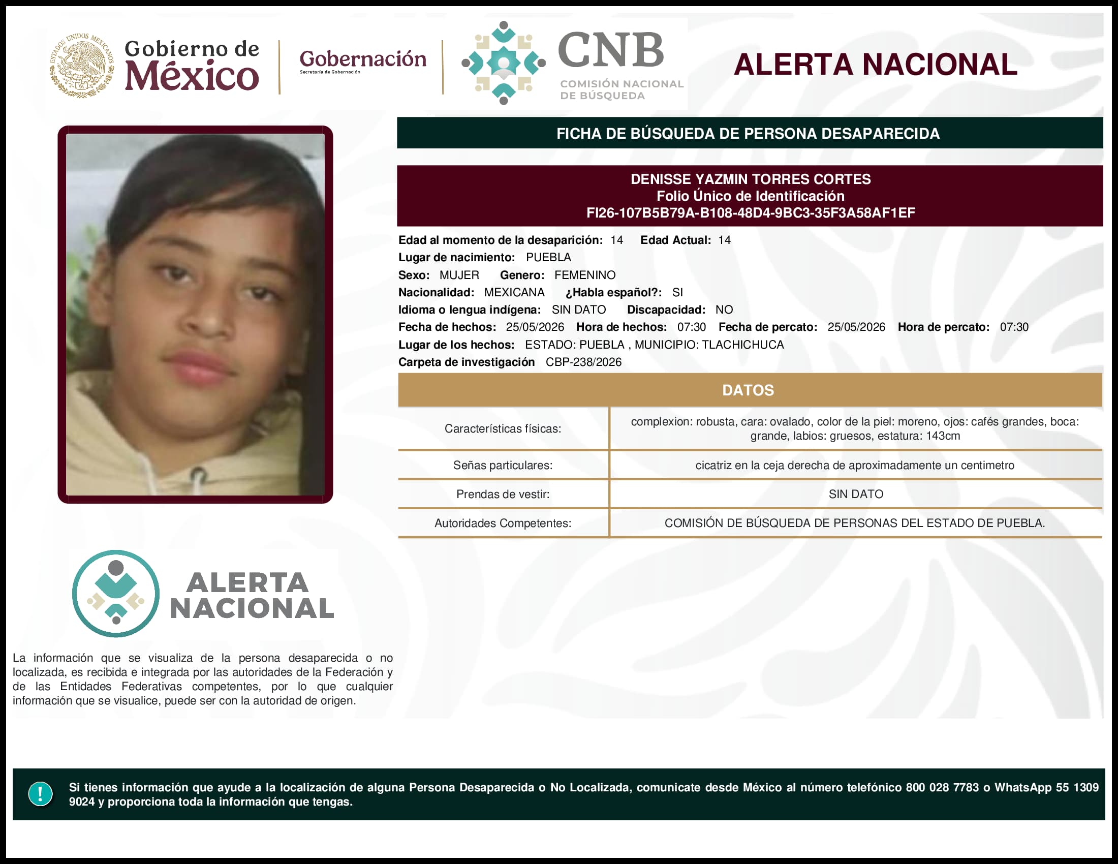 Persona desaparecida Denisse Yazmin Torres Cortes