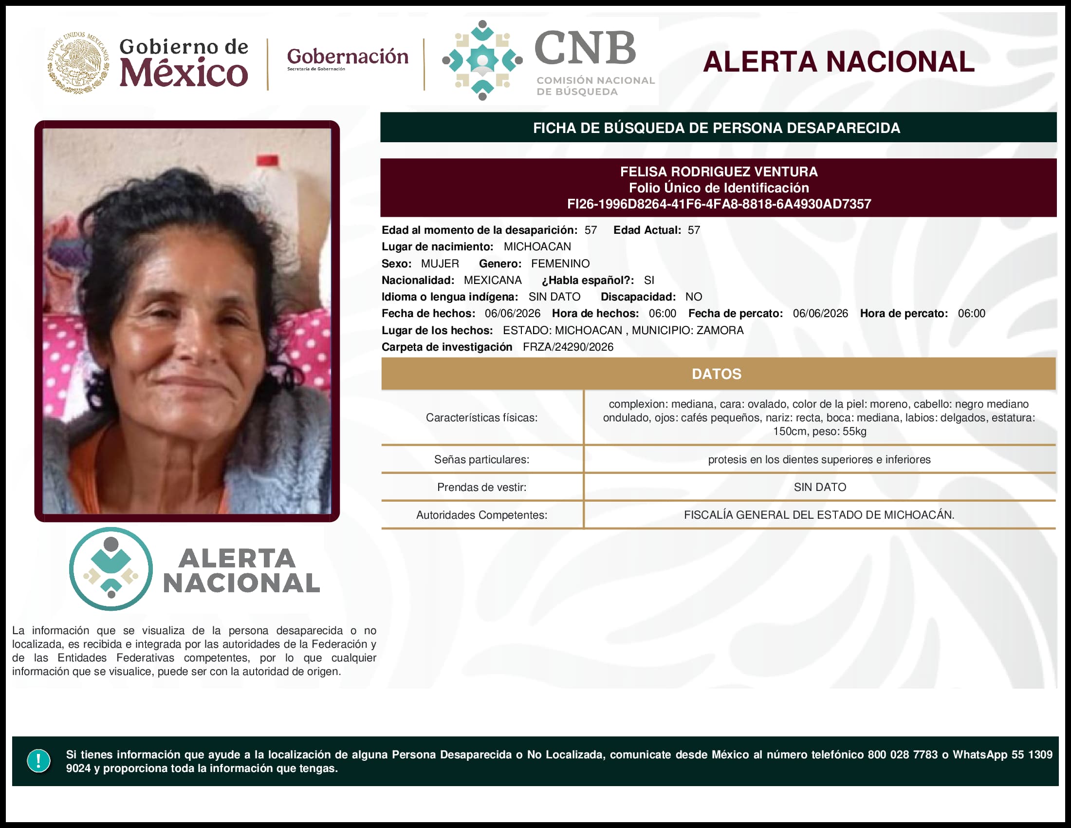 Persona desaparecida Felisa Rodriguez Ventura