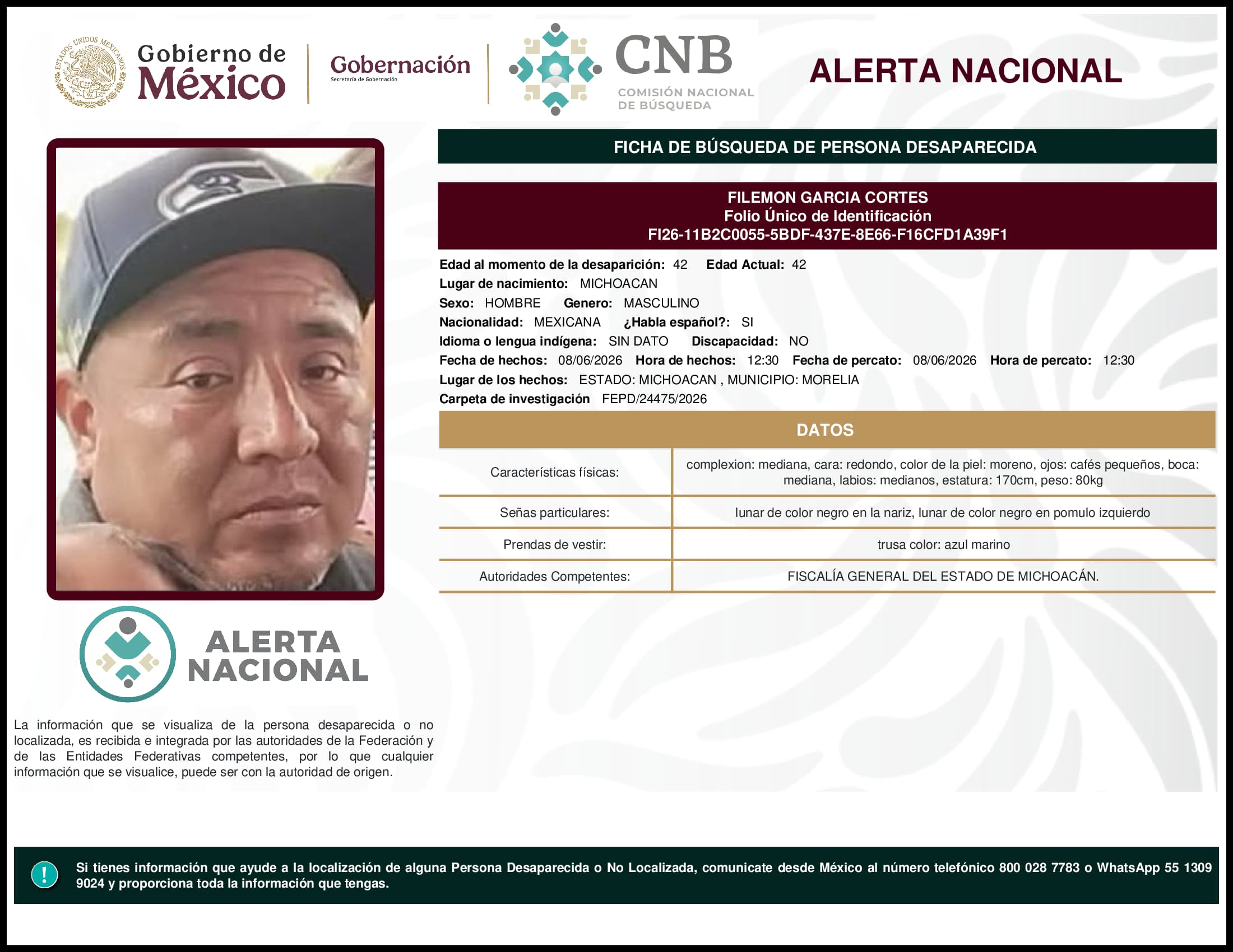 Persona desaparecida Filemon Garcia Cortes