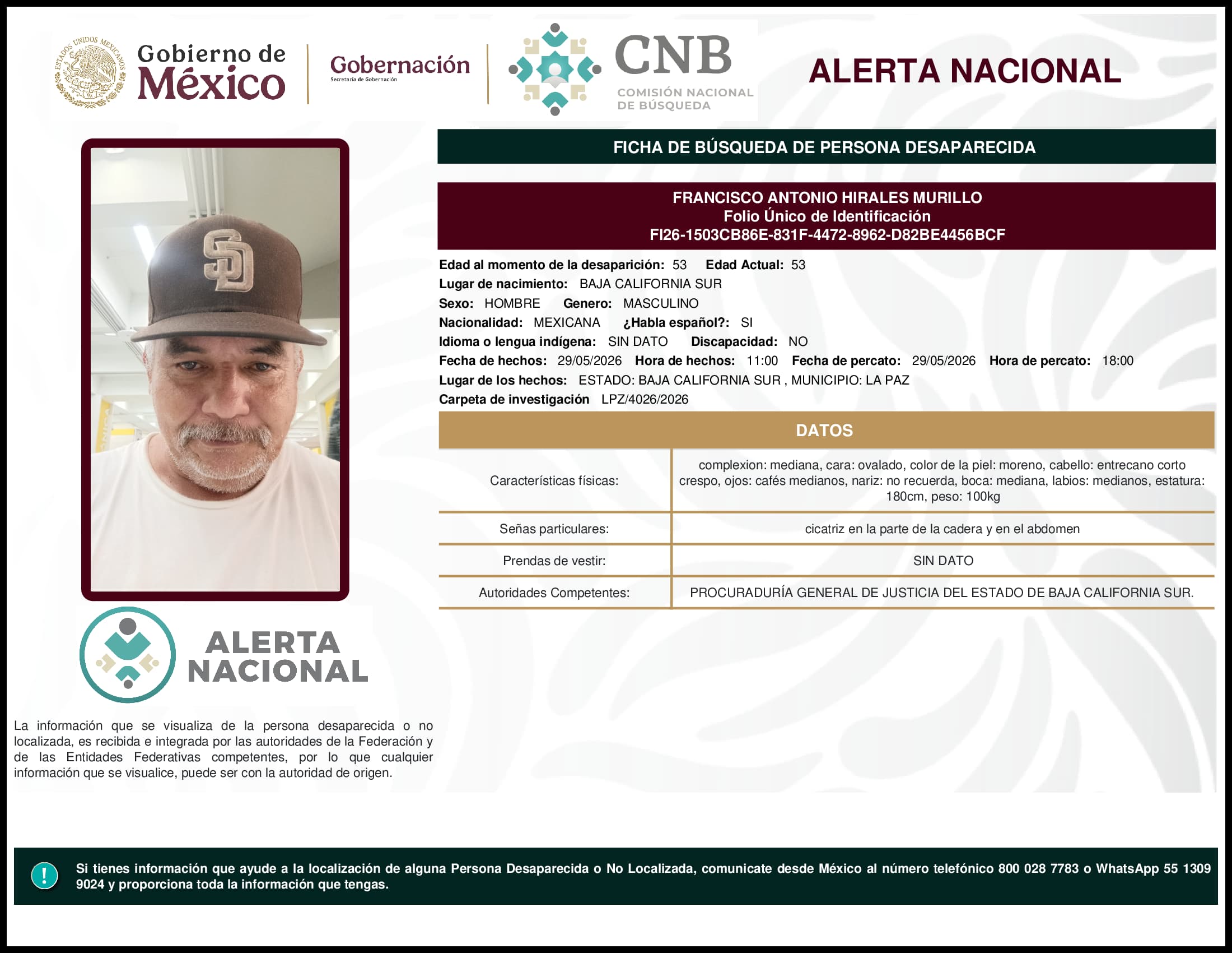 Persona desaparecida Francisco Antonio Hirales Murillo