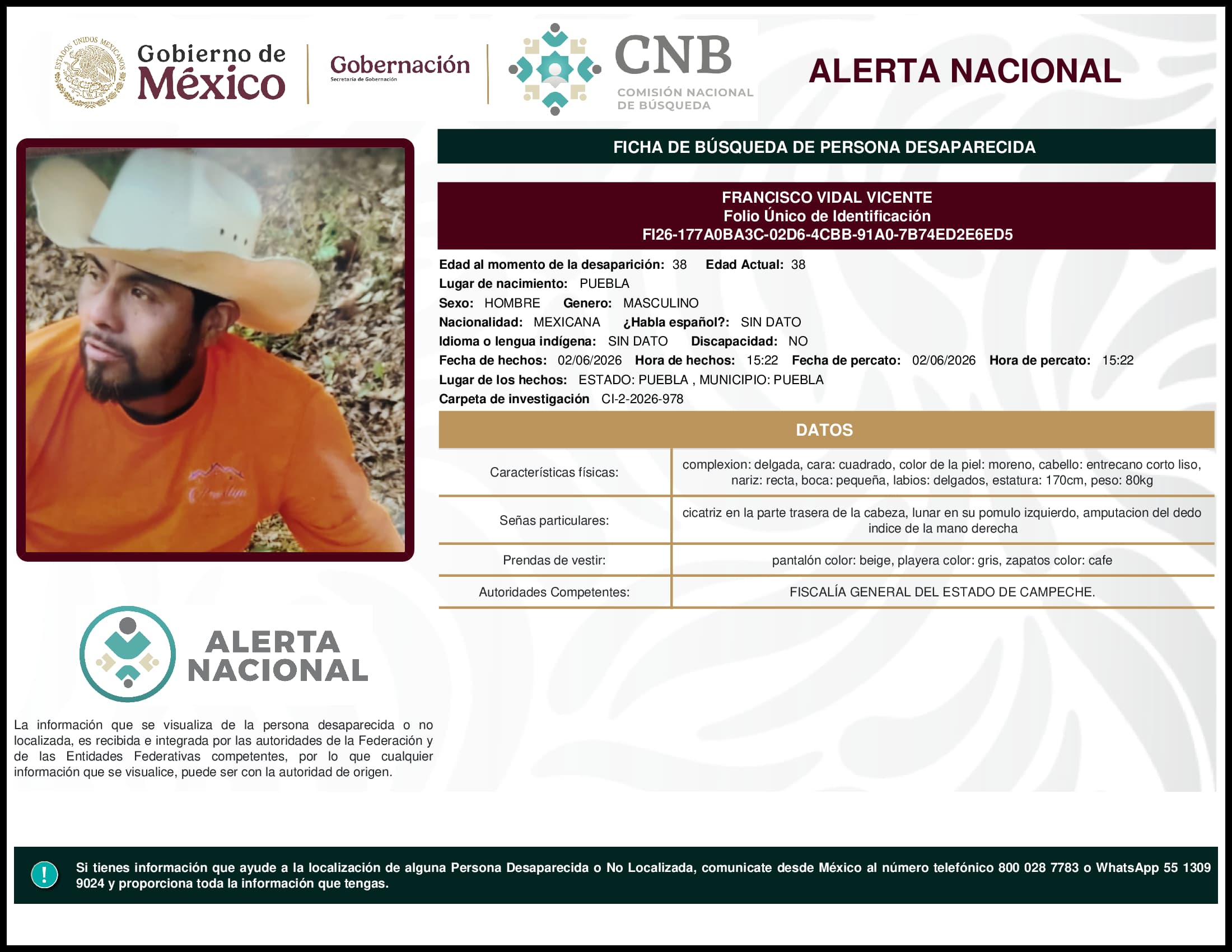 Persona desaparecida Francisco Vidal Vicente