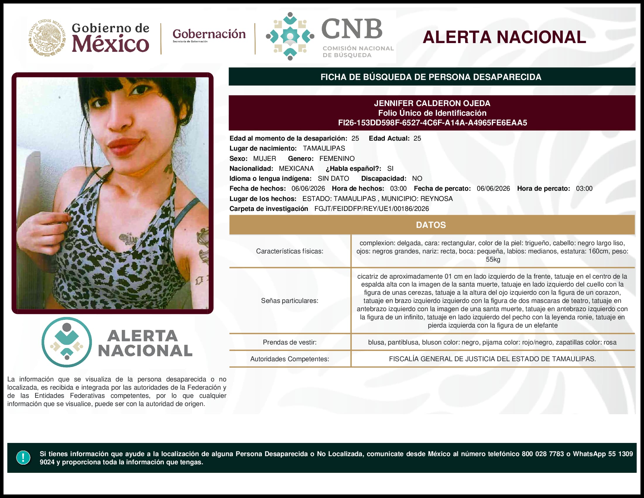 Persona desaparecida Jennifer Calderon Ojeda