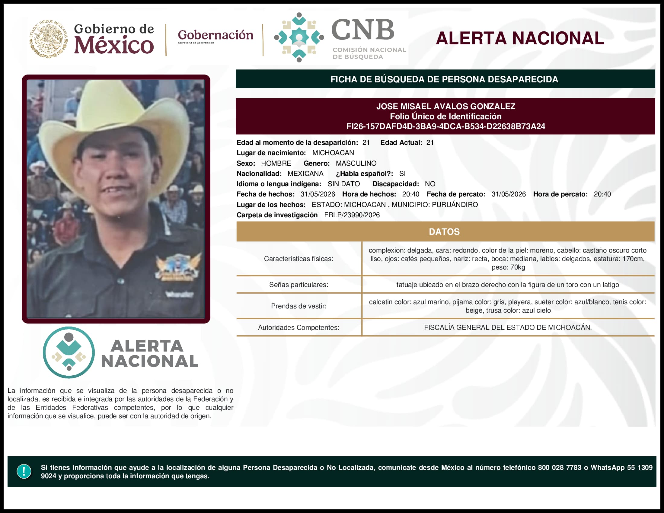 Persona desaparecida Jose Misael Avalos Gonzalez
