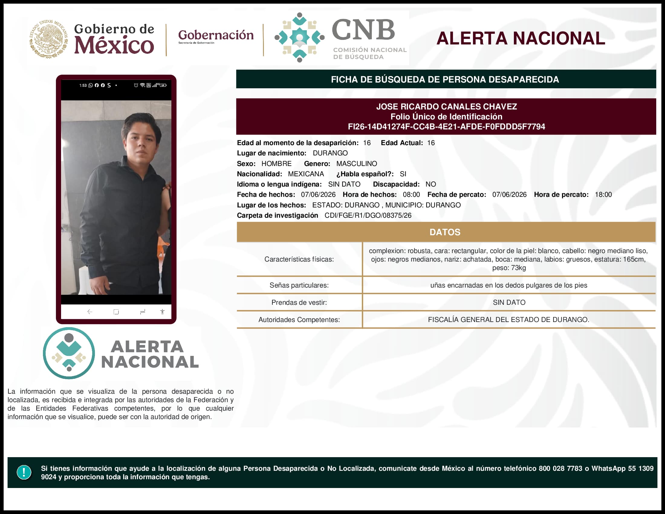 Persona desaparecida Jose Ricardo Canales Chavez
