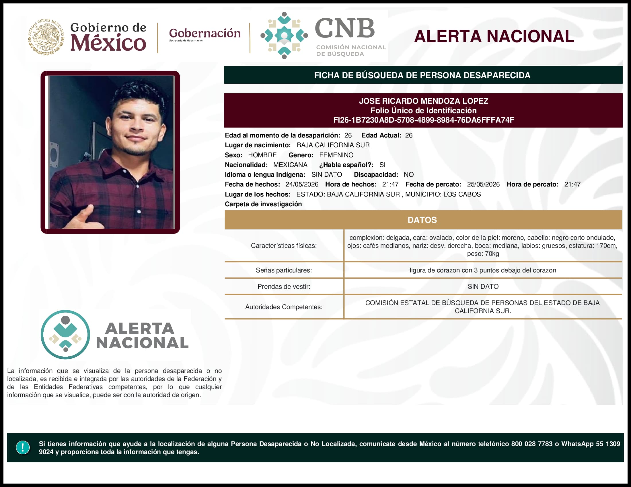 Persona desaparecida Jose Ricardo Mendoza Lopez