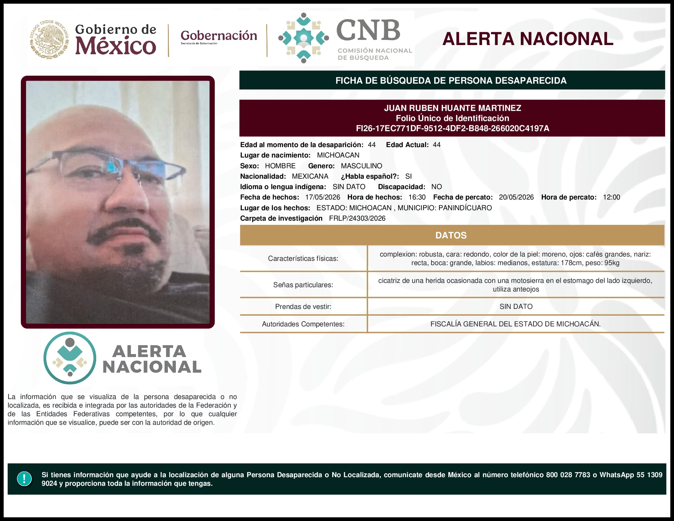 Persona desaparecida Juan Ruben Huante Martinez