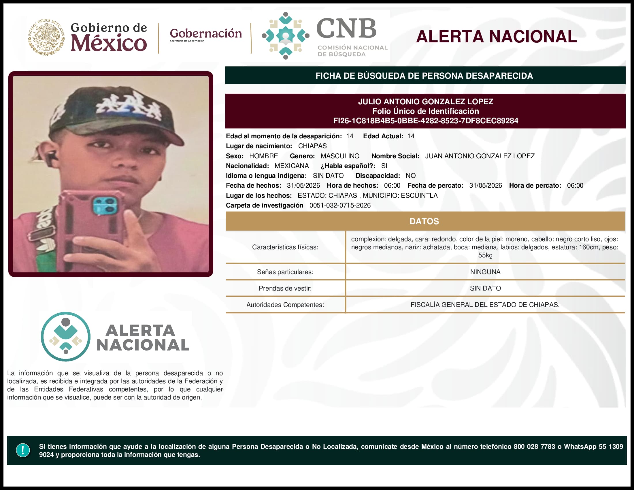 Persona desaparecida Julio Antonio Gonzalez Lopez