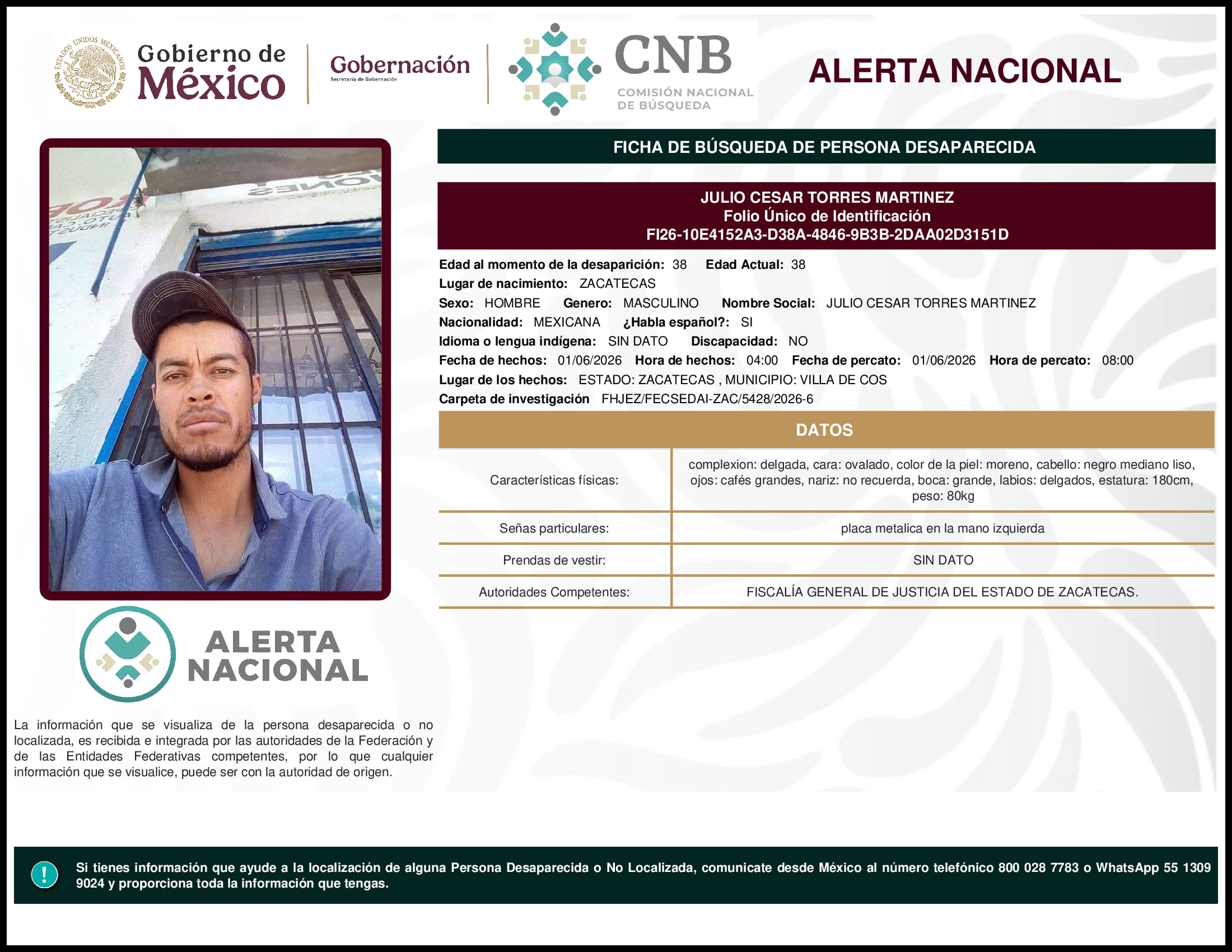 Persona desaparecida Julio Cesar Torres Martinez