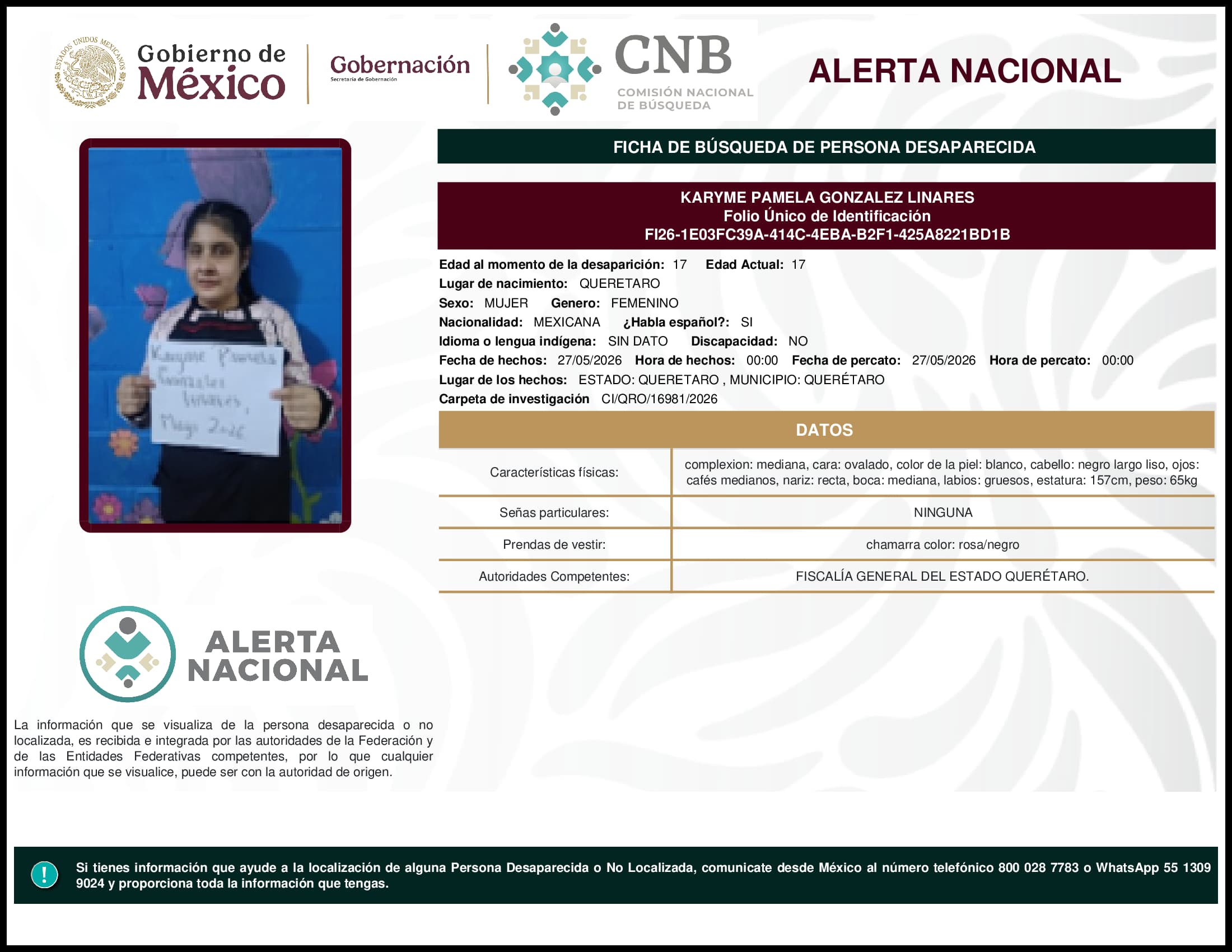 Persona desaparecida Karyme Pamela Gonzalez Linares