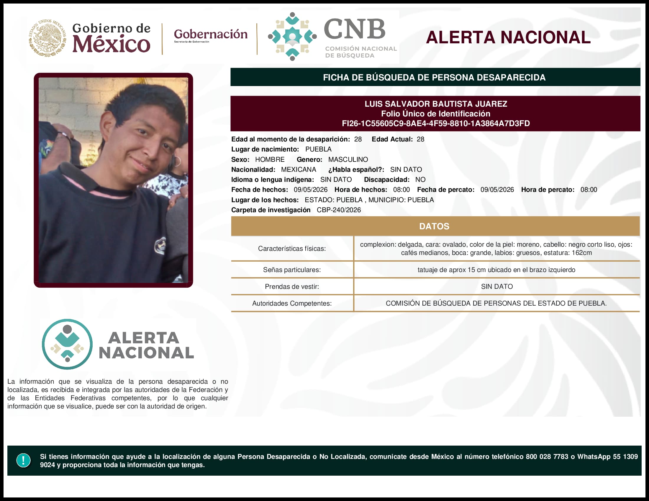 Persona desaparecida Luis Salvador Bautista Juarez