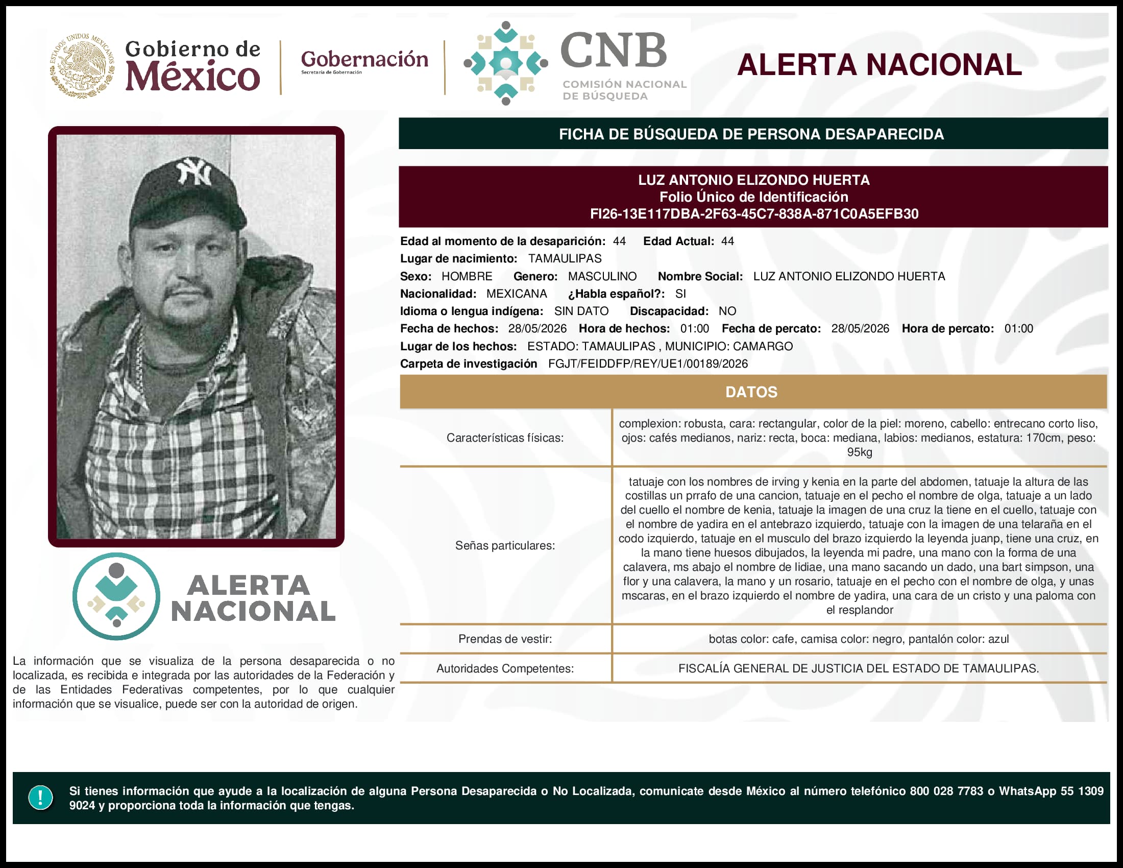 Persona desaparecida Luz Antonio Elizondo Huerta