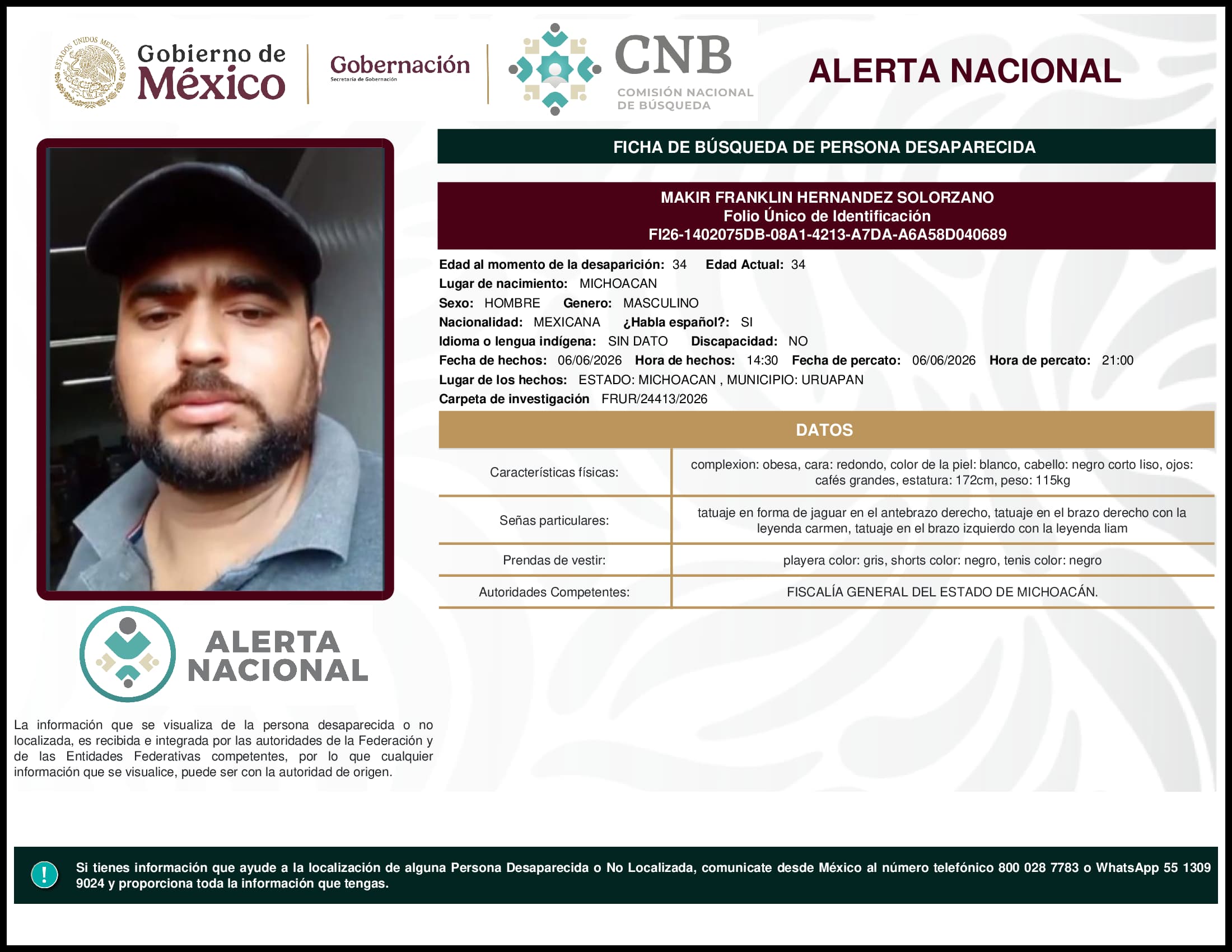 Persona desaparecida Makir Franklin Hernandez Solorzano