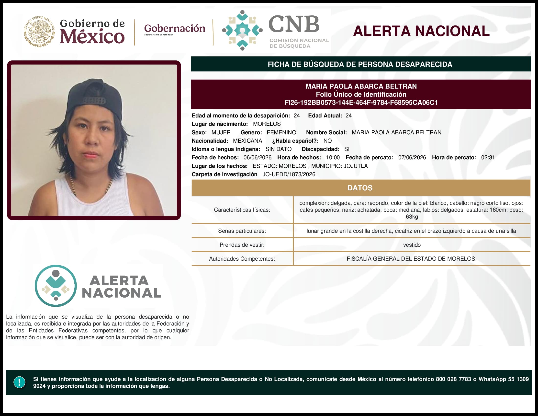 Persona desaparecida Maria Paola Abarca Beltran