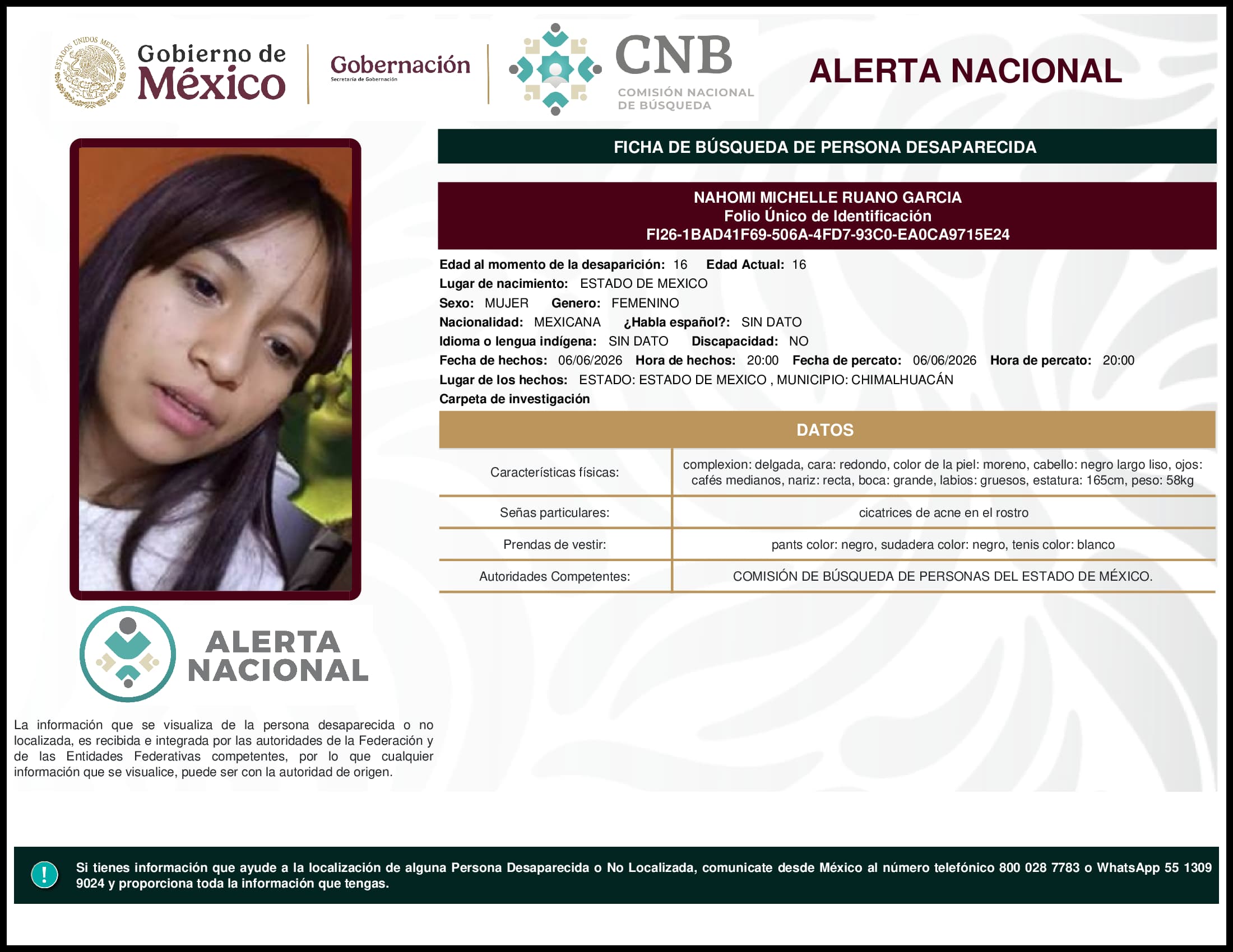 Persona desaparecida Nahomi Michelle Ruano Garcia