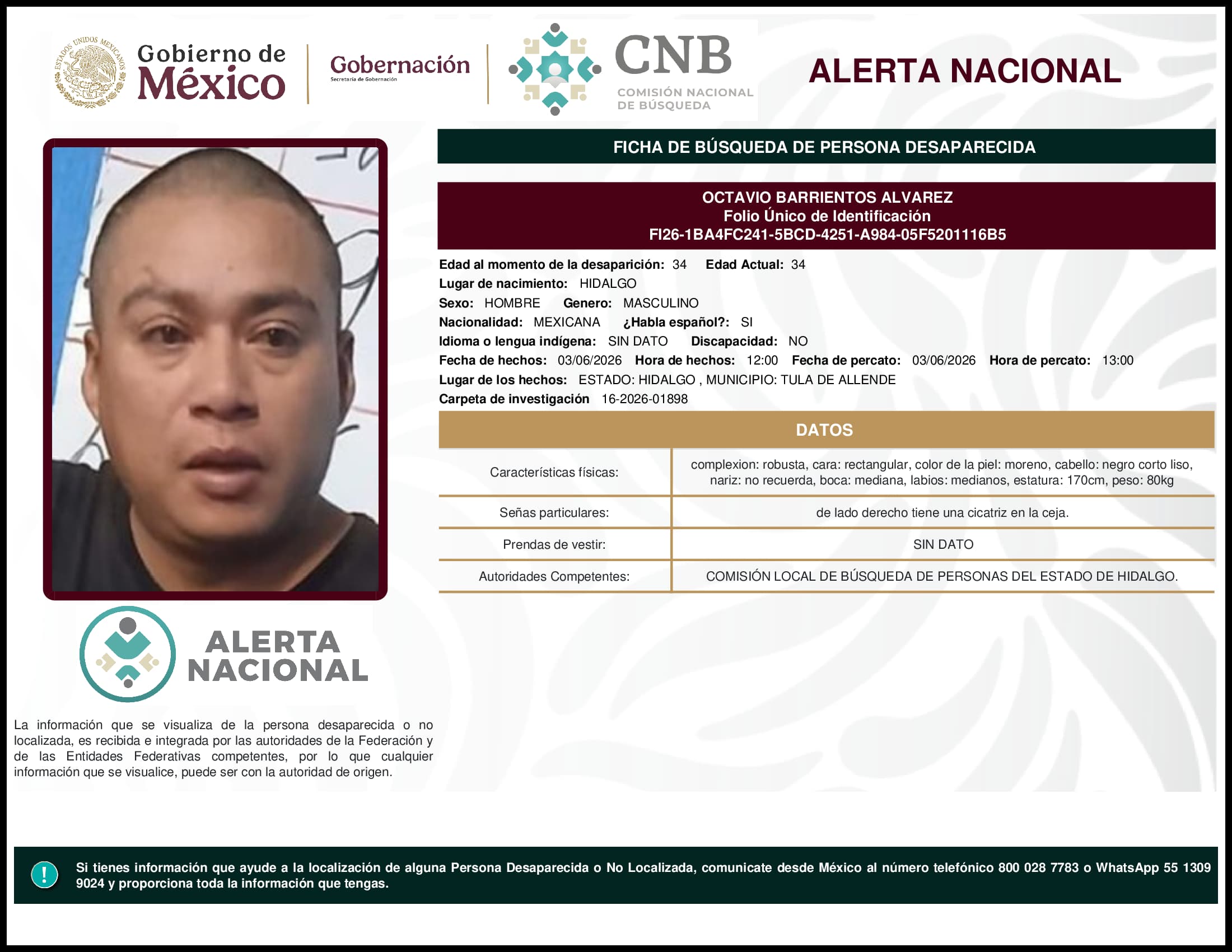 Persona desaparecida Octavio Barrientos Alvarez