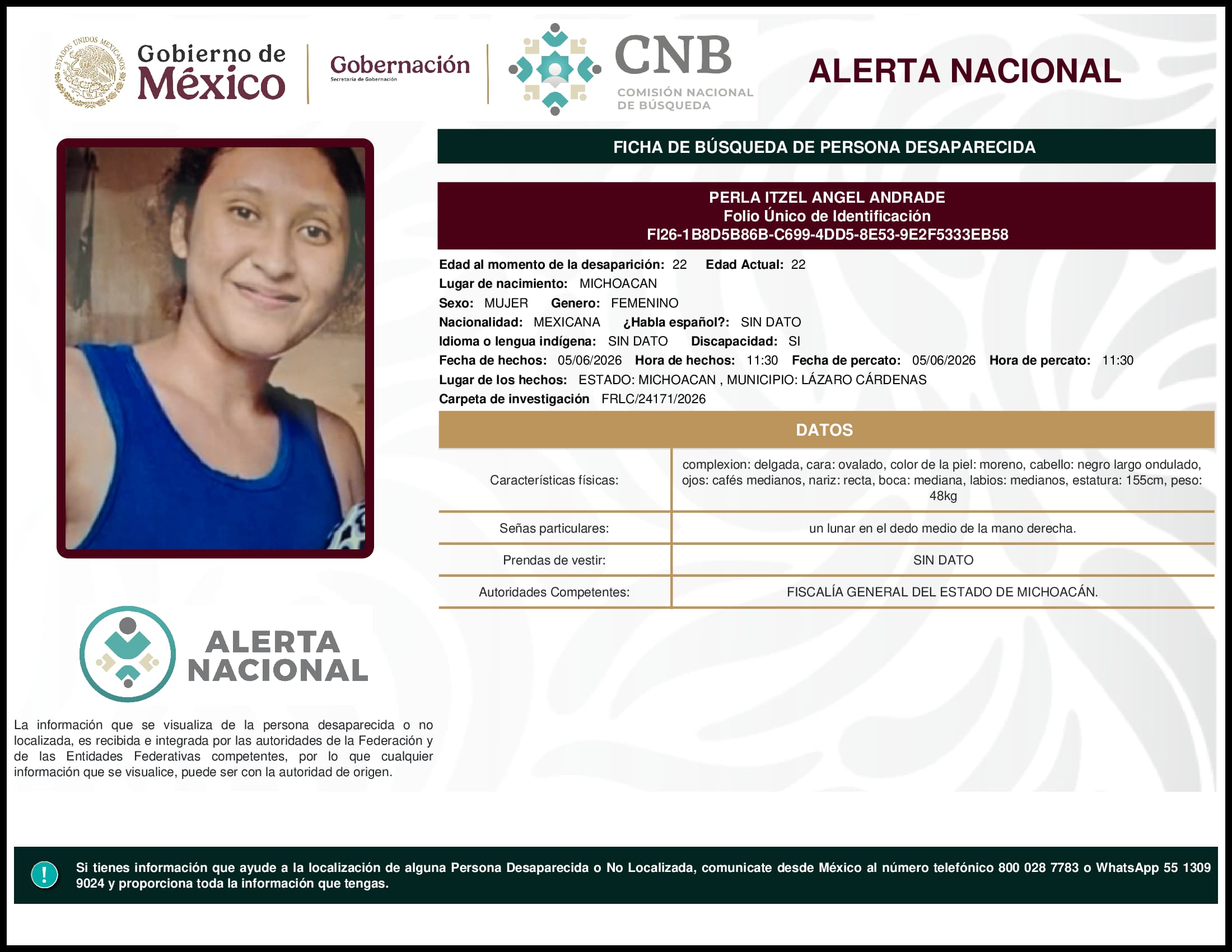 Persona desaparecida Perla Itzel Angel Andrade