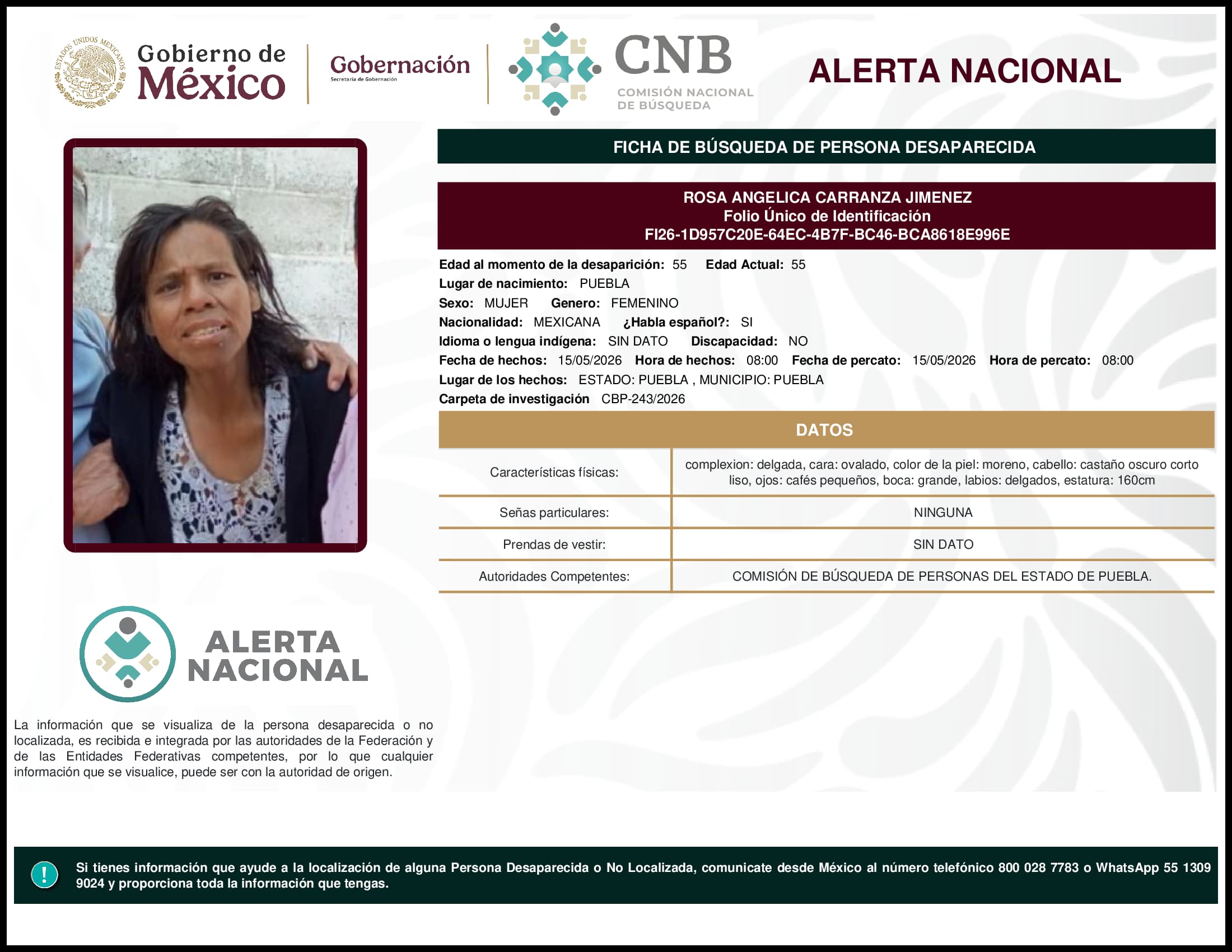 Persona desaparecida Rosa Angelica Carranza Jimenez
