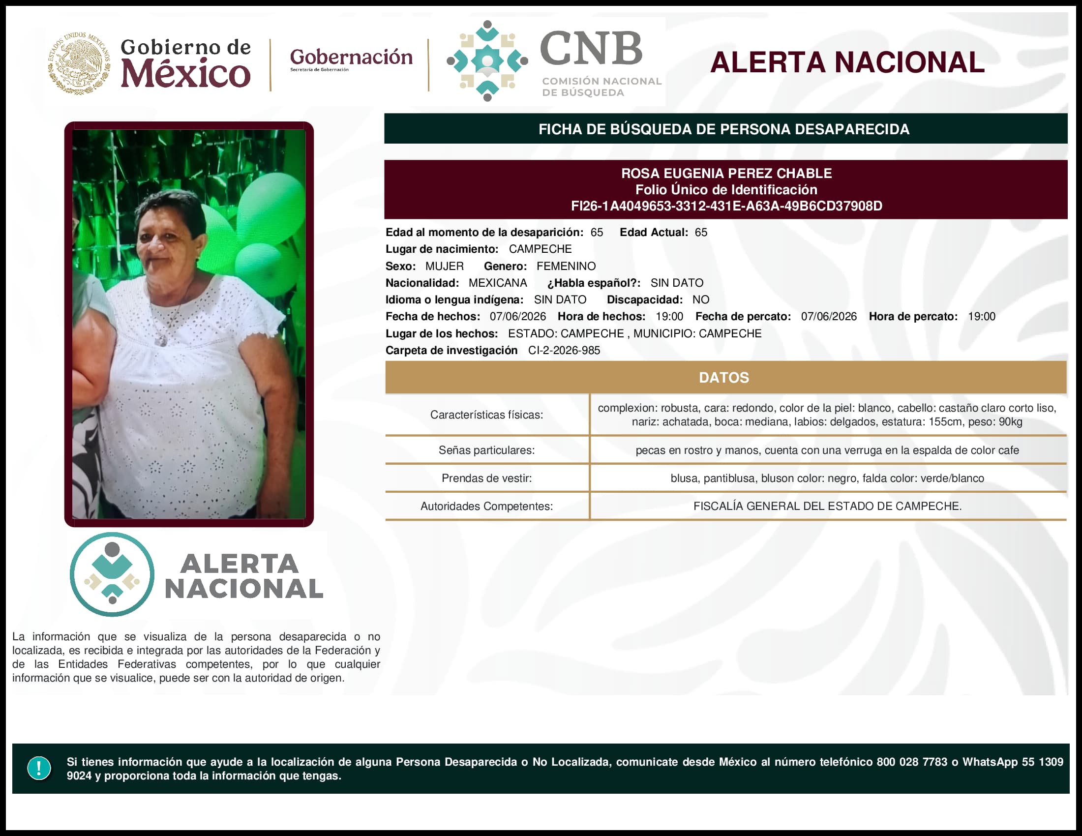 Persona desaparecida Rosa Eugenia Perez Chable
