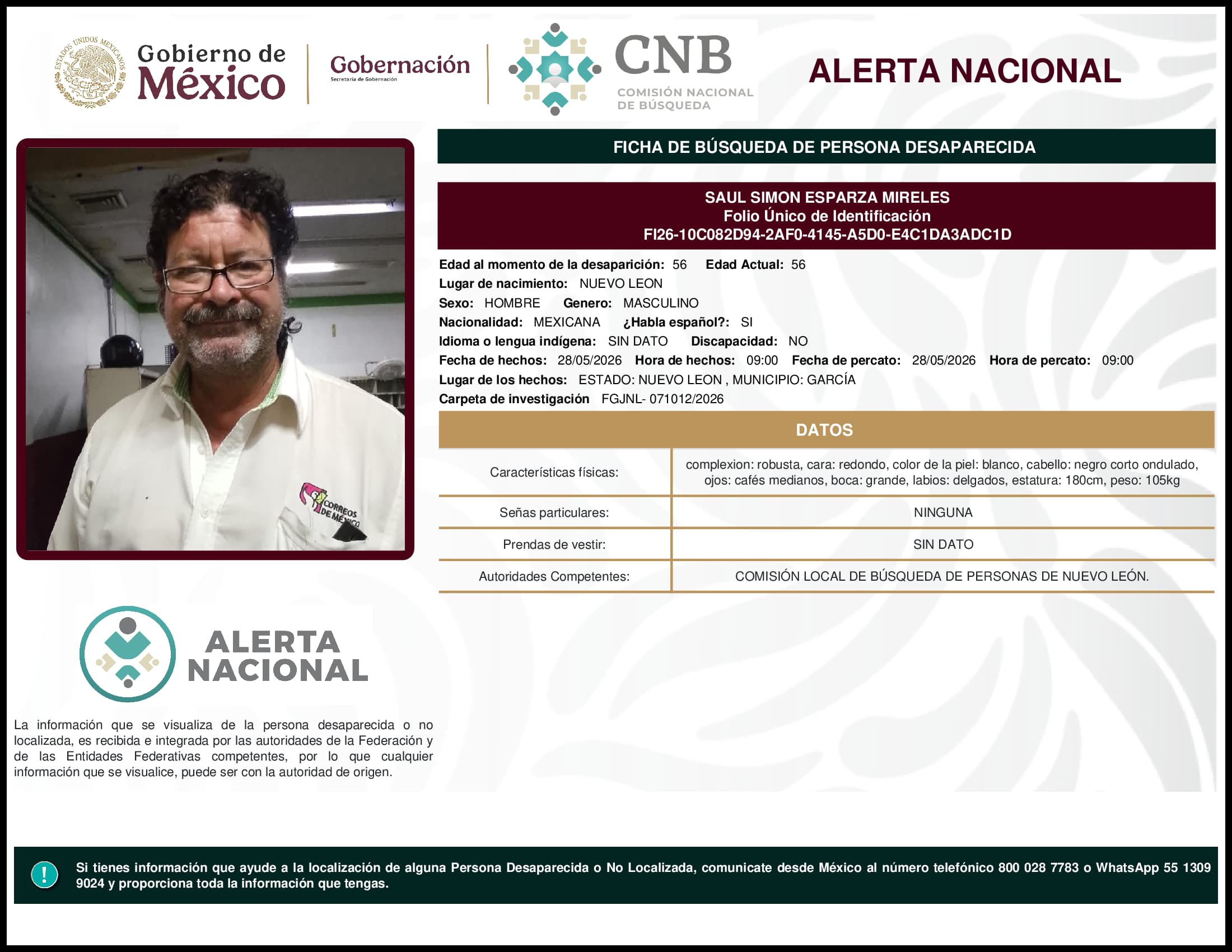 Persona desaparecida Saul Simon Esparza Mireles