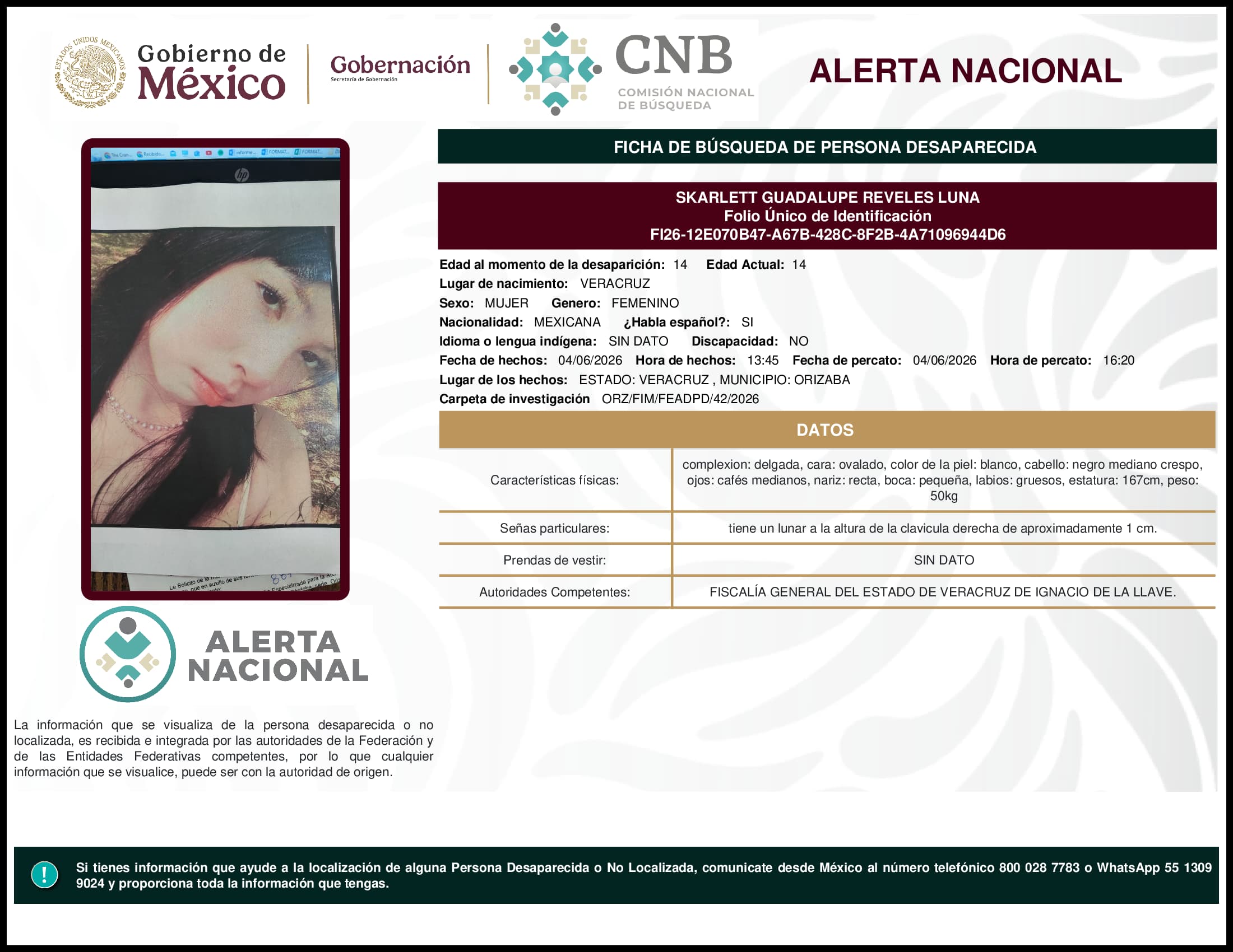 Persona desaparecida Skarlett Guadalupe Reveles Luna