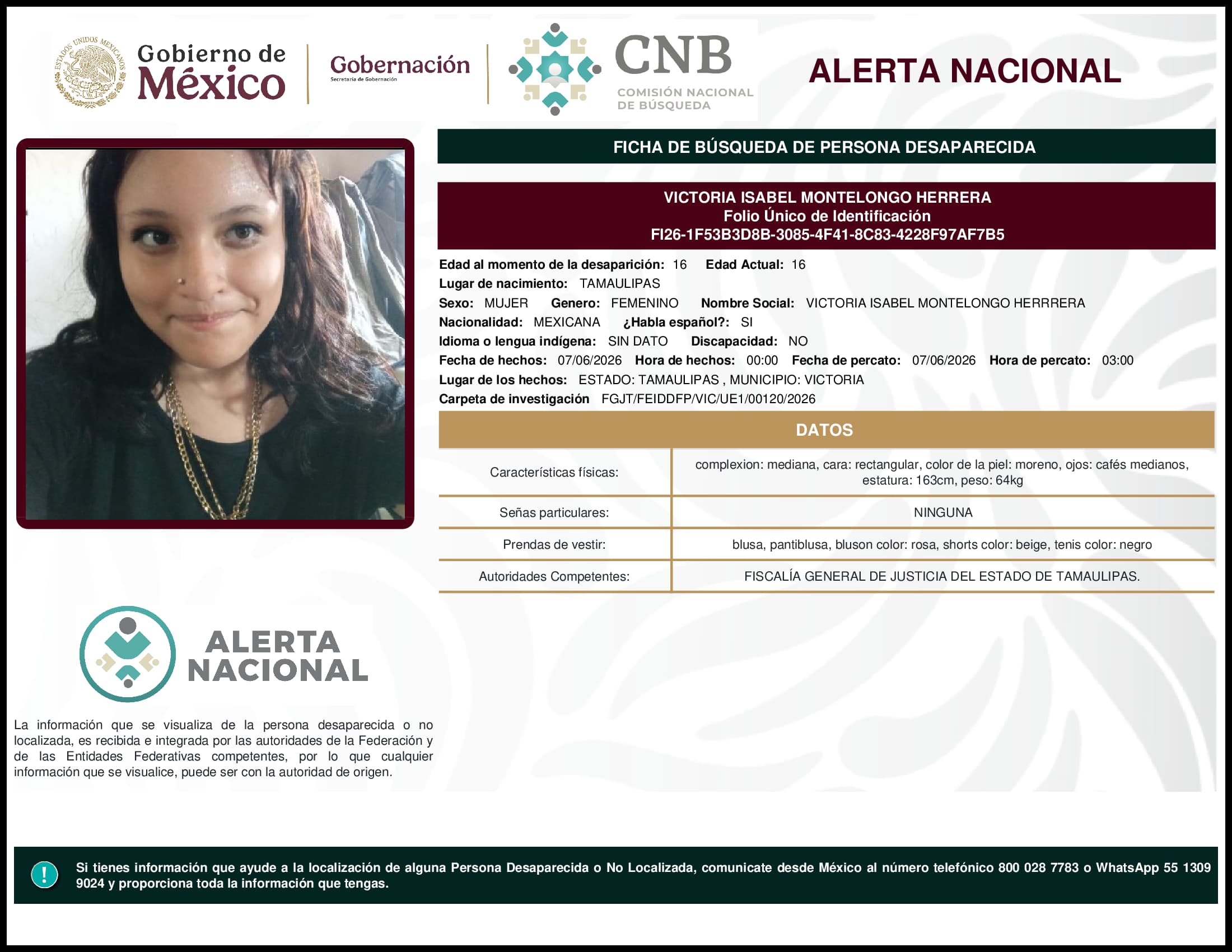 Persona desaparecida Victoria Isabel Montelongo Herrera