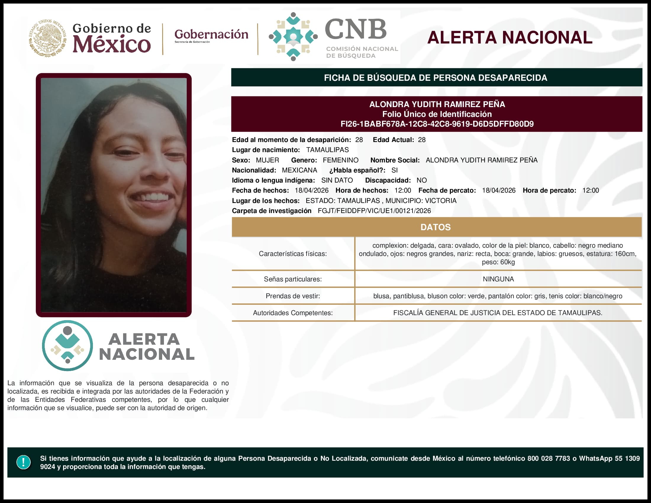 Persona desaparecida Alondra Yudith Ramirez Pena