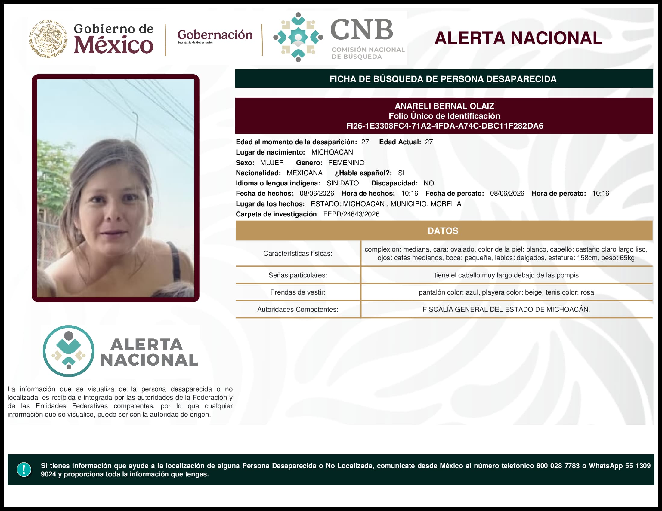 Persona desaparecida Anareli Bernal Olaiz