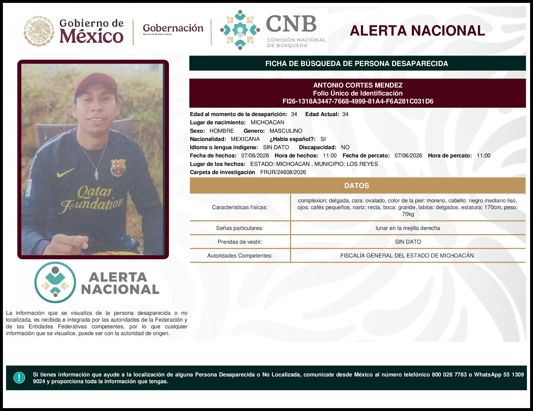 Persona desaparecida Antonio Cortes Mendez