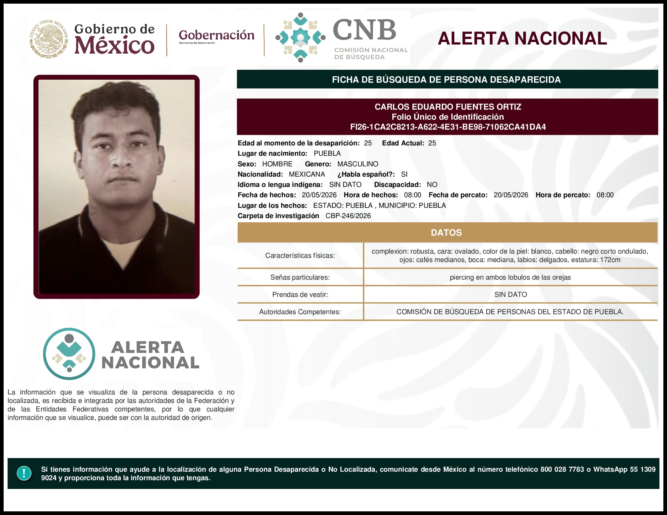 Persona desaparecida Carlos Eduardo Fuentes Ortiz