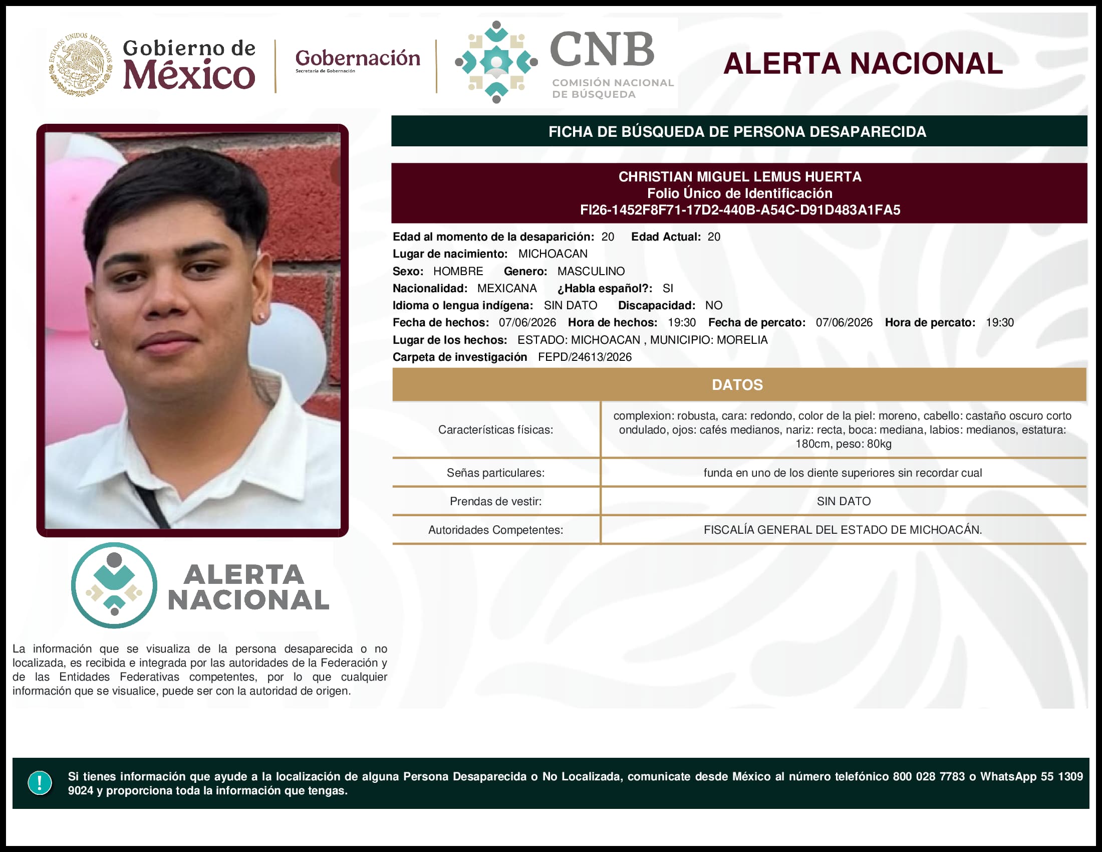 Persona desaparecida Christian Miguel Lemus Huerta