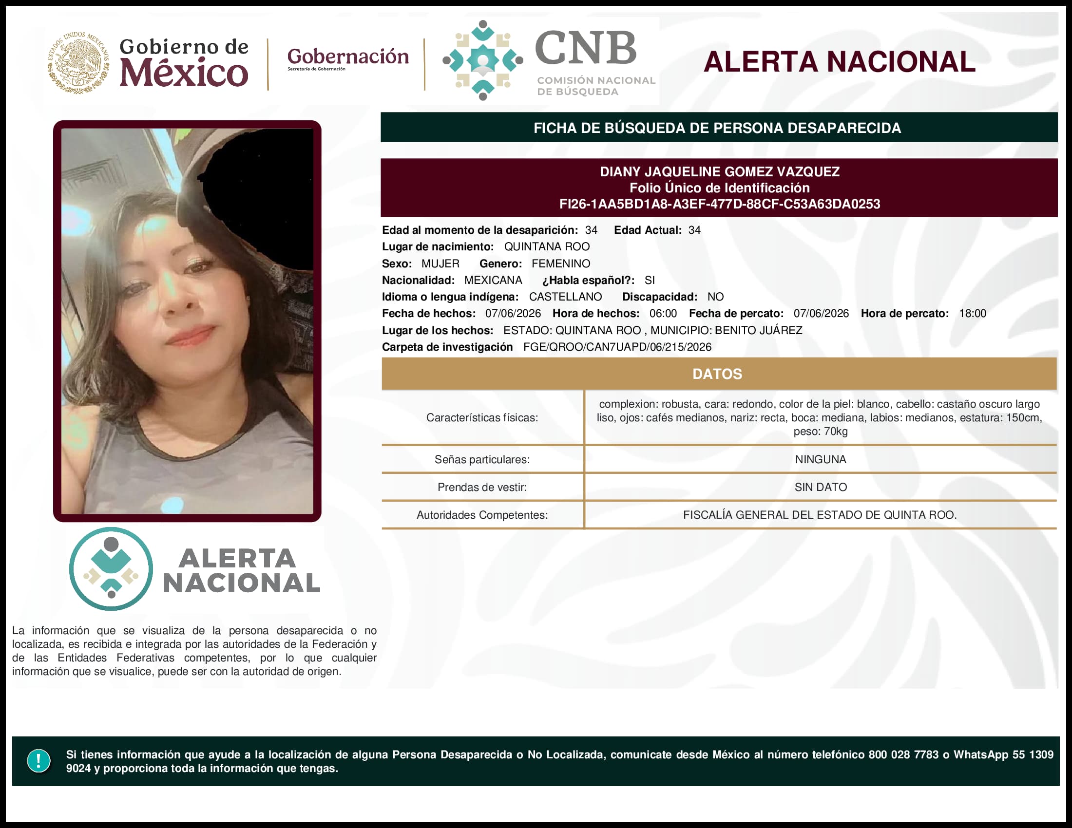 Persona desaparecida Diany Jaqueline Gomez Vazquez