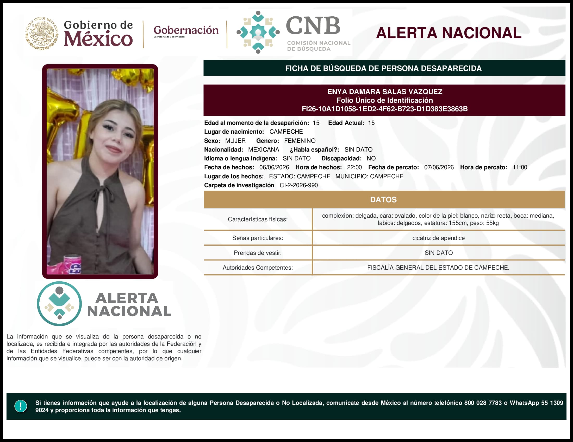 Persona desaparecida Enya Damara Salas Vazquez