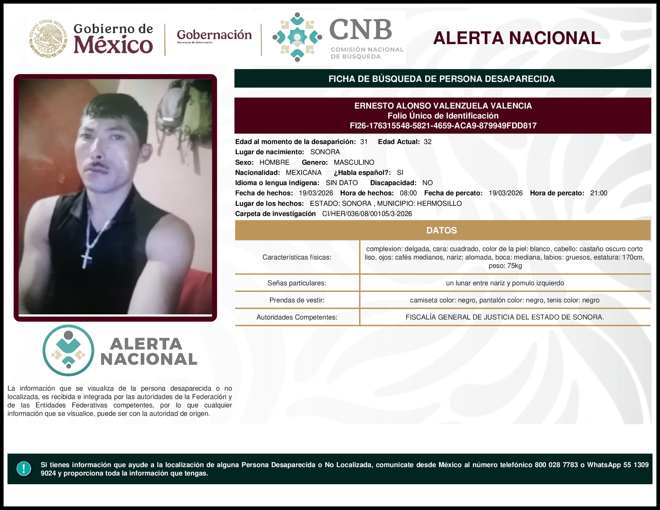 Persona desaparecida Ernesto Alonso Valenzuela Valencia