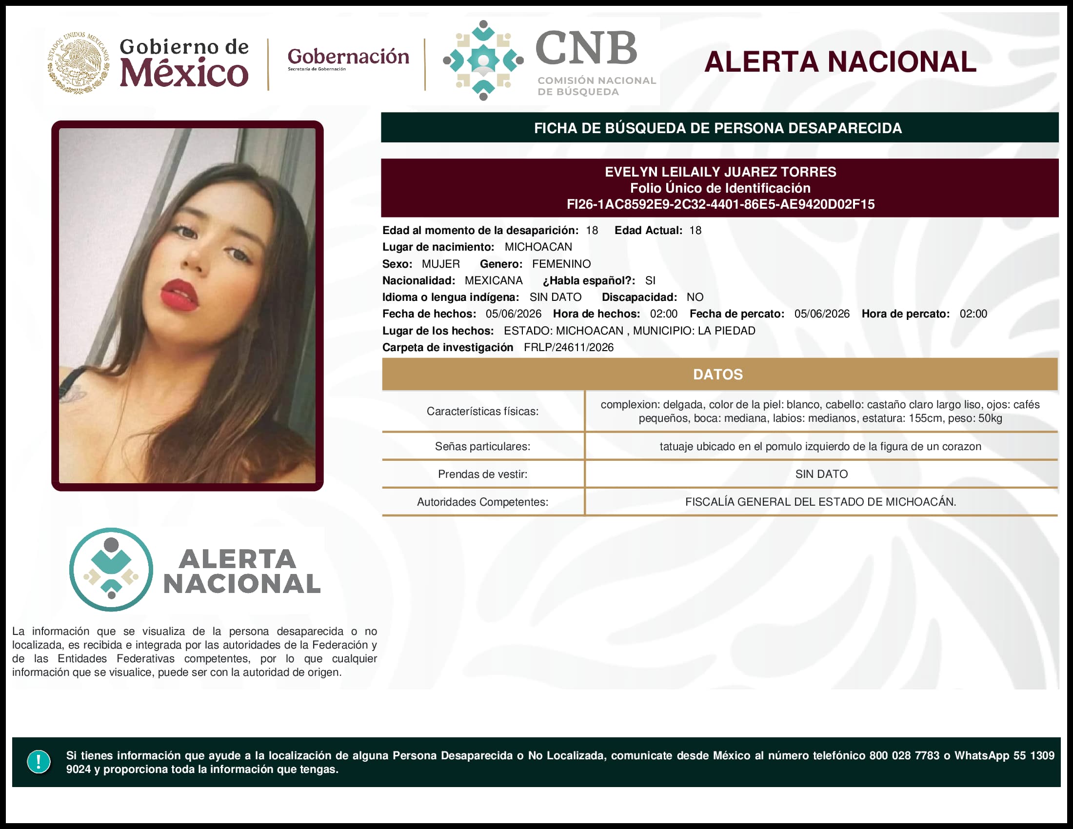 Persona desaparecida Evelyn Leilaily Juarez Torres