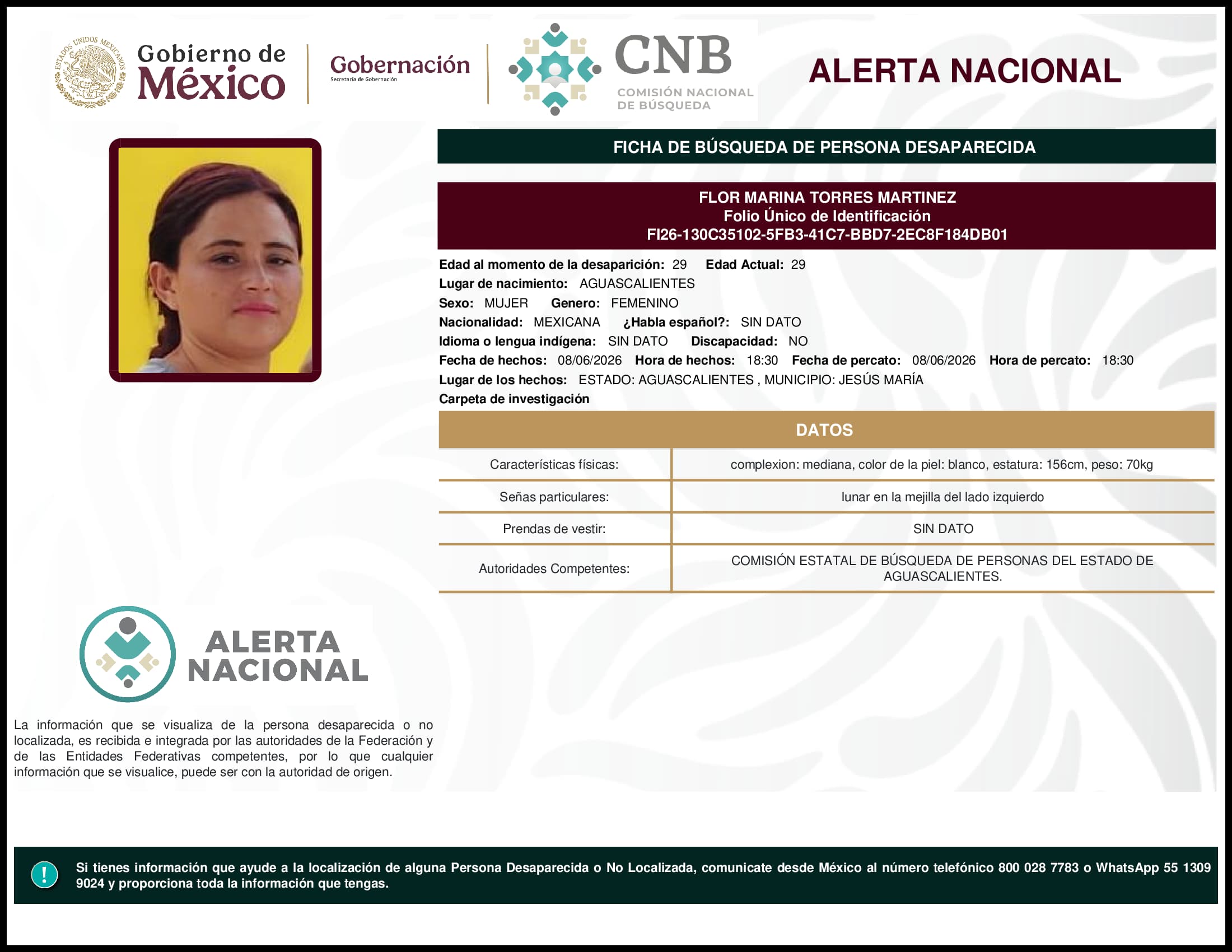 Persona desaparecida Flor Marina Torres Martinez