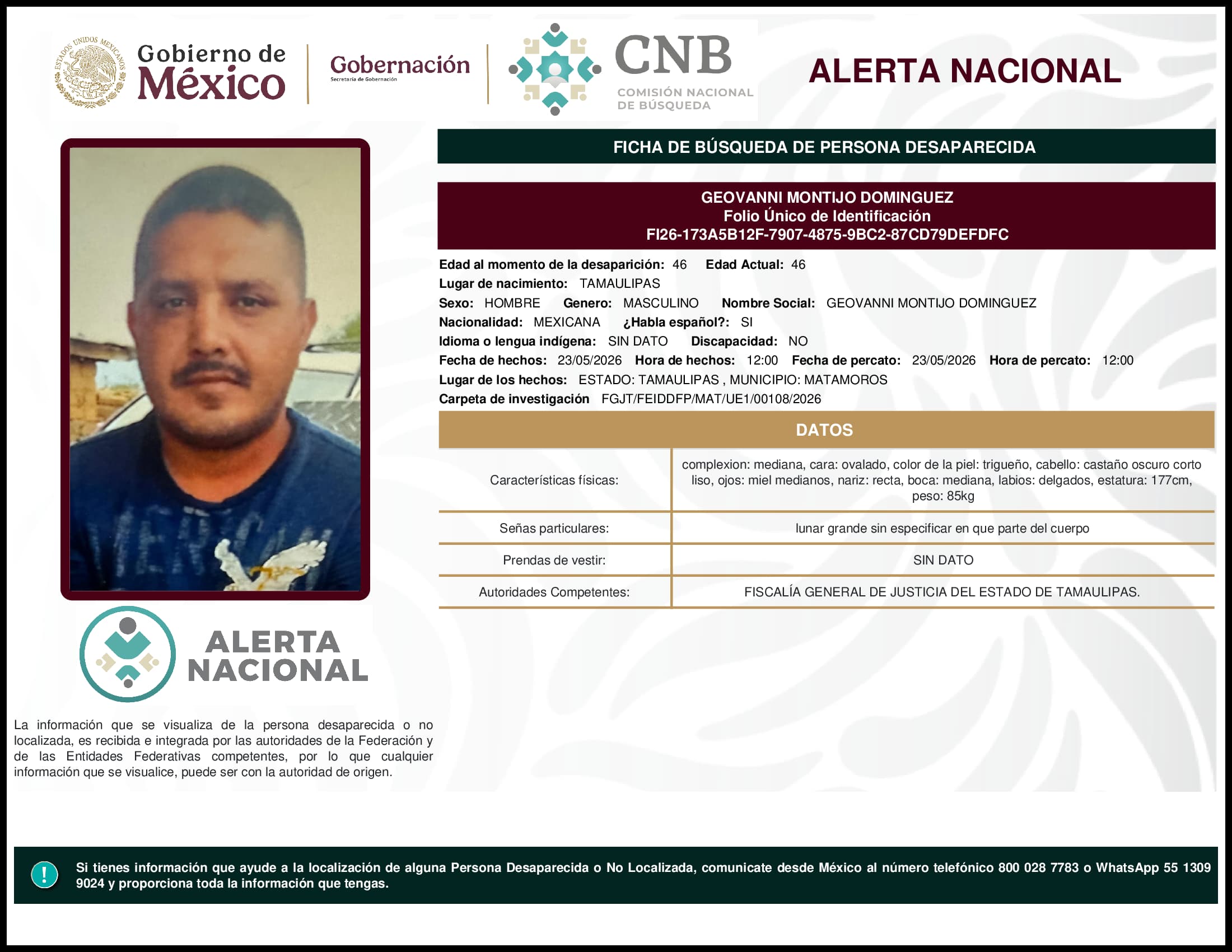 Persona desaparecida Geovanni Montijo Dominguez