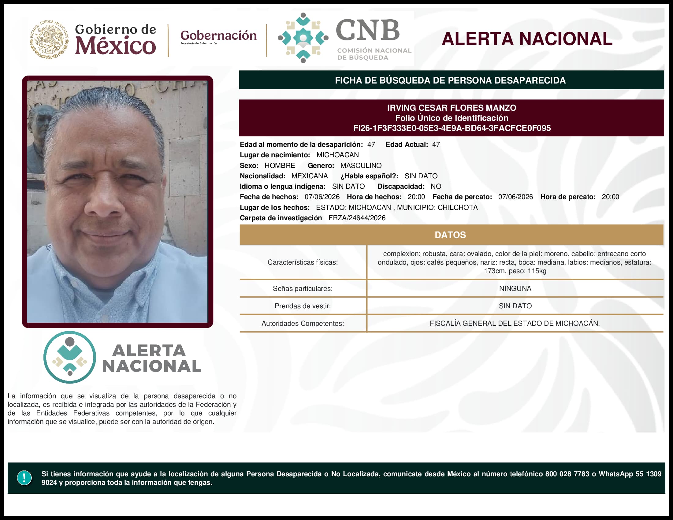 Persona desaparecida Irving Cesar Flores Manzo