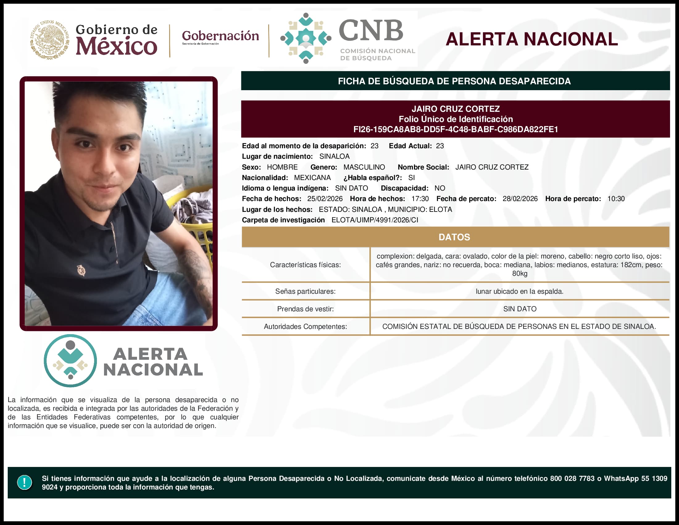 Persona desaparecida Jairo Cruz Cortez