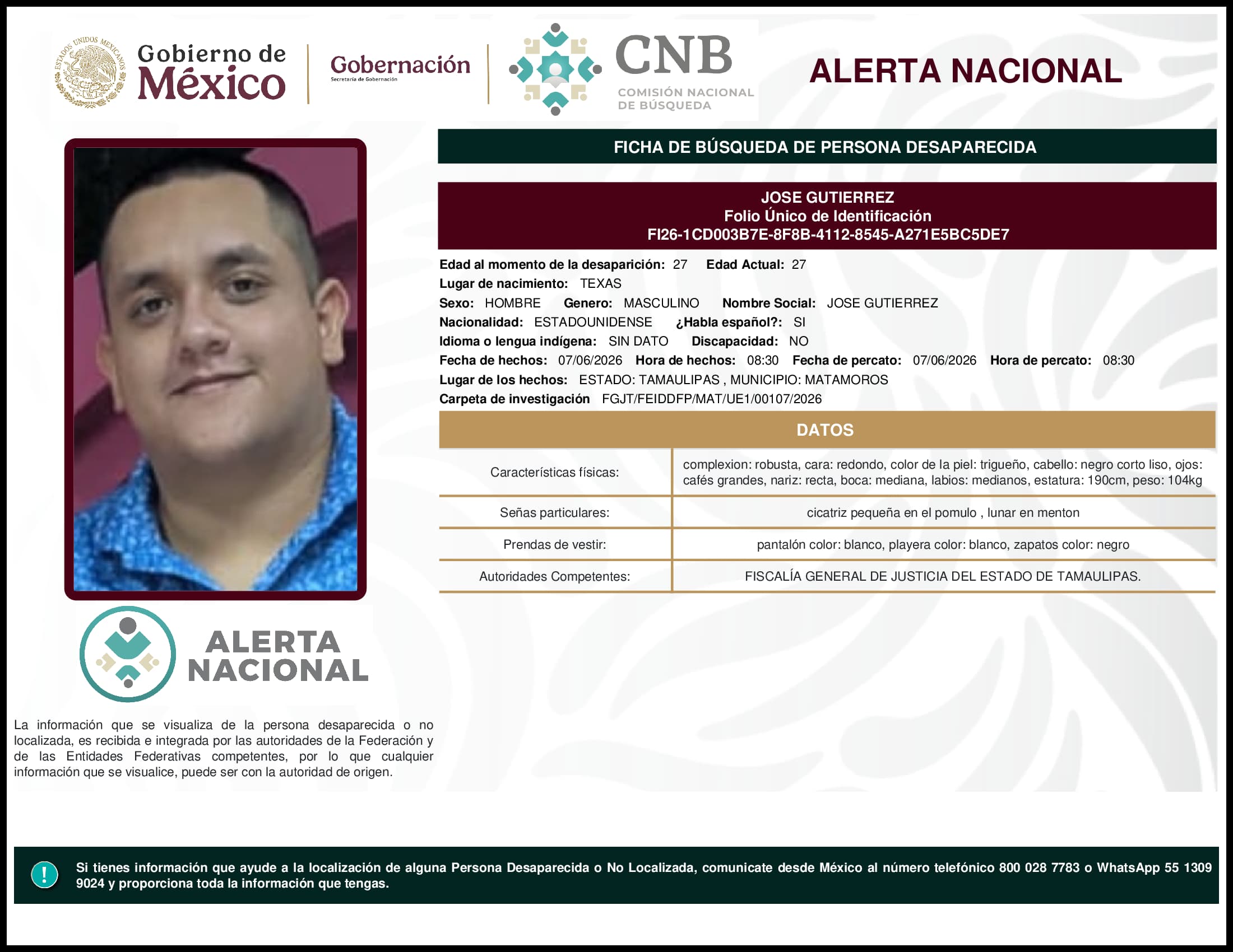 Persona desaparecida Jose Gutierrez